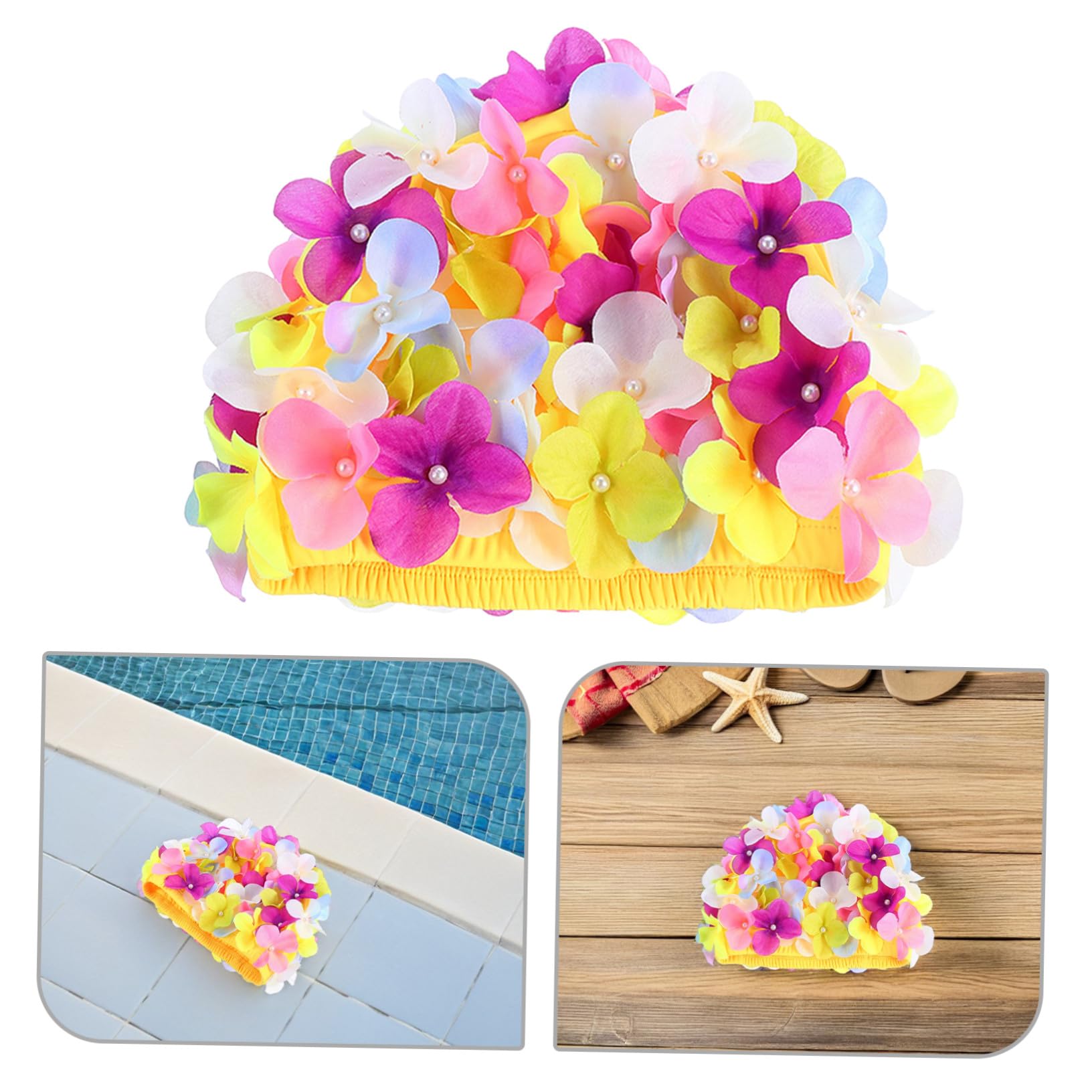 ifundom 3 Pièces Bonnet de Bain Femme Long Cheveux Chapeau de Natation Étanche Pétale Floral Rétro Protection Cheveux Coloré Élégant été Piscine