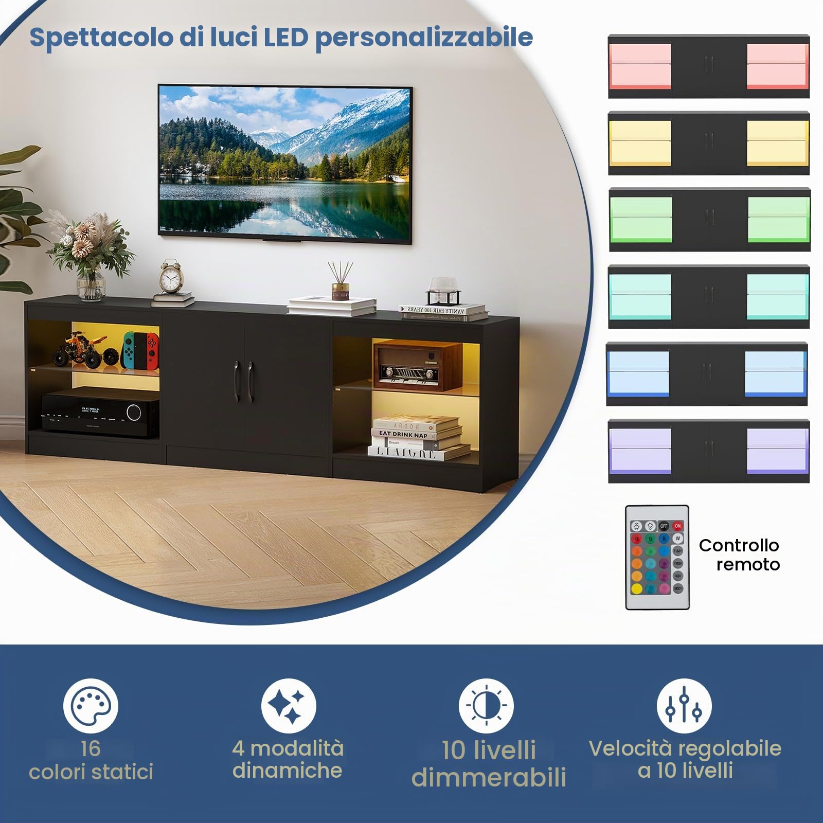 KOMFOTTEU Mobile TV da 85" 3 in 1 con Luci LED, Mobiletto porta Televisori Liberamente Combinabile da 3 Pezzi, con Ripiani in Vetro Regolabili, per Soggiorno, Camera da Letto, 195x30x55cm (Nero)