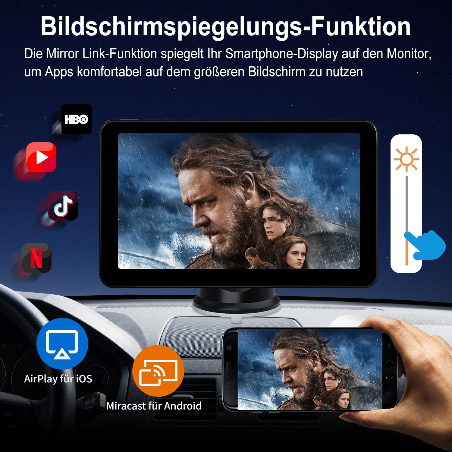 Tragbare CarPlay Display, Wireless Android Auto Monitor, IPS Touchscreen Bildschirm mit Bluetooth-Freisprecheinrichtung, Siri, Sprachassistent, Live-Navigation, MirrorLink, FM, AUX (7 Zoll)