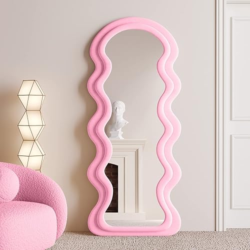 BOJOY Full Length Mirror 63"x24", Irregular Wavy Mirrors, Wave Arched Floor Mirror, Wall Mirror Standing Hanging or Leaning Against Wall for Bedroom, Flannel Wrapped Wooden Frame Mirror-Pink - Pink