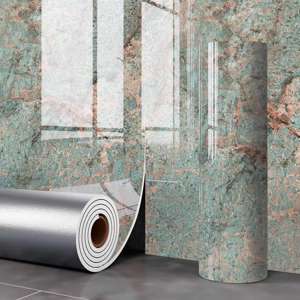 40x300cm Glossy Marble Peel and Stick Wallpaper,Waterproof Wall Sticker Waterproof Self-Adhesive Vinyl Wallpaper for Kitchen Bathroom Worktop (Cyan)