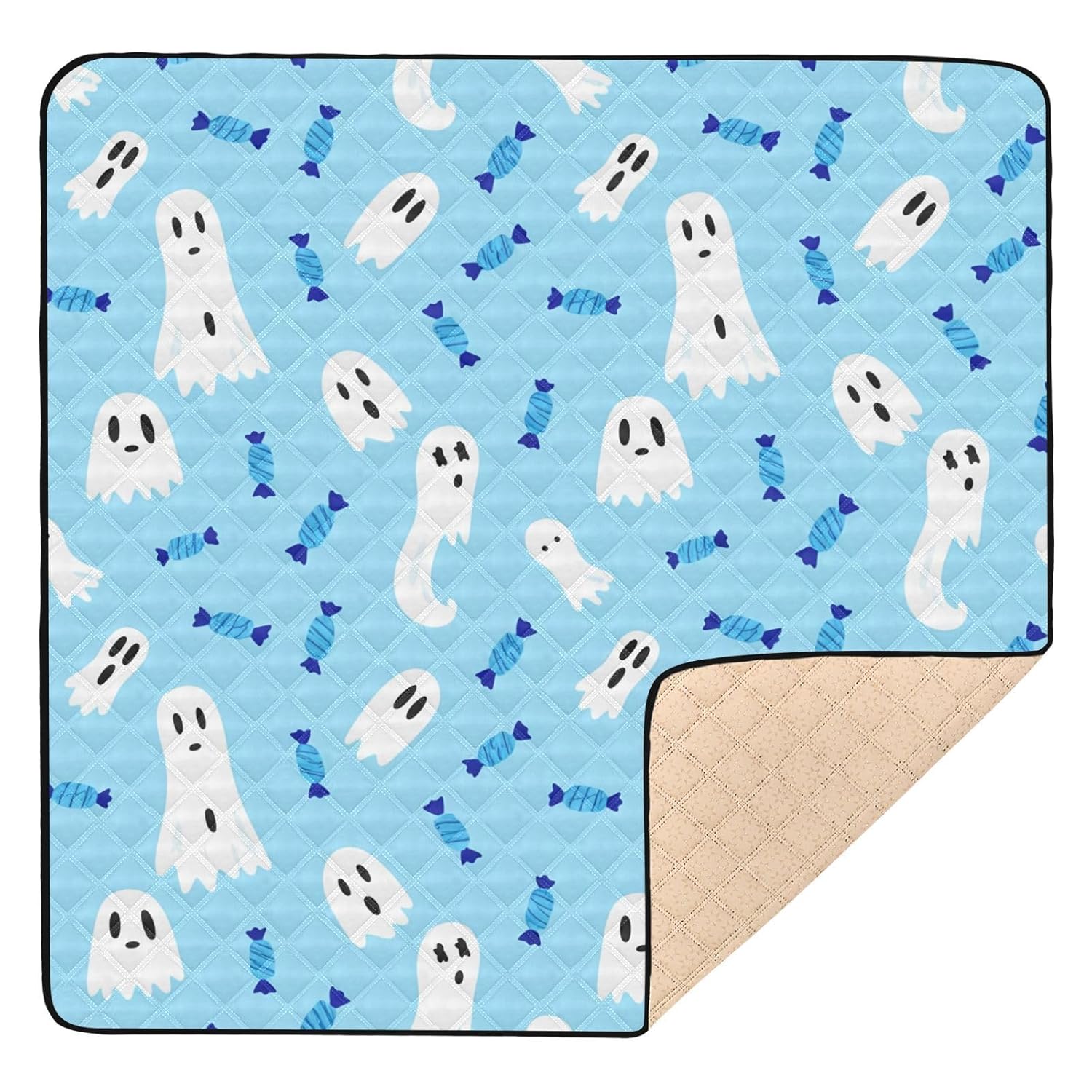 Qilmy Halloween Ghosts Candy Baby Gyms Play Mat for Floor, Waterproof Soft Crawling Mat with Non-Slip Bottom, Lightweight Foldable Picnic Camping Mat for Infants, Toddlers, 50x50in