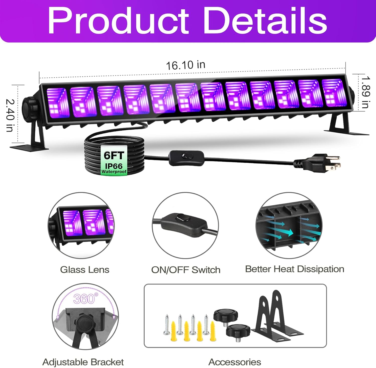 4 Pack IP66 Waterproof 40W Blacklight Bar & 45W LED Black Light Bar