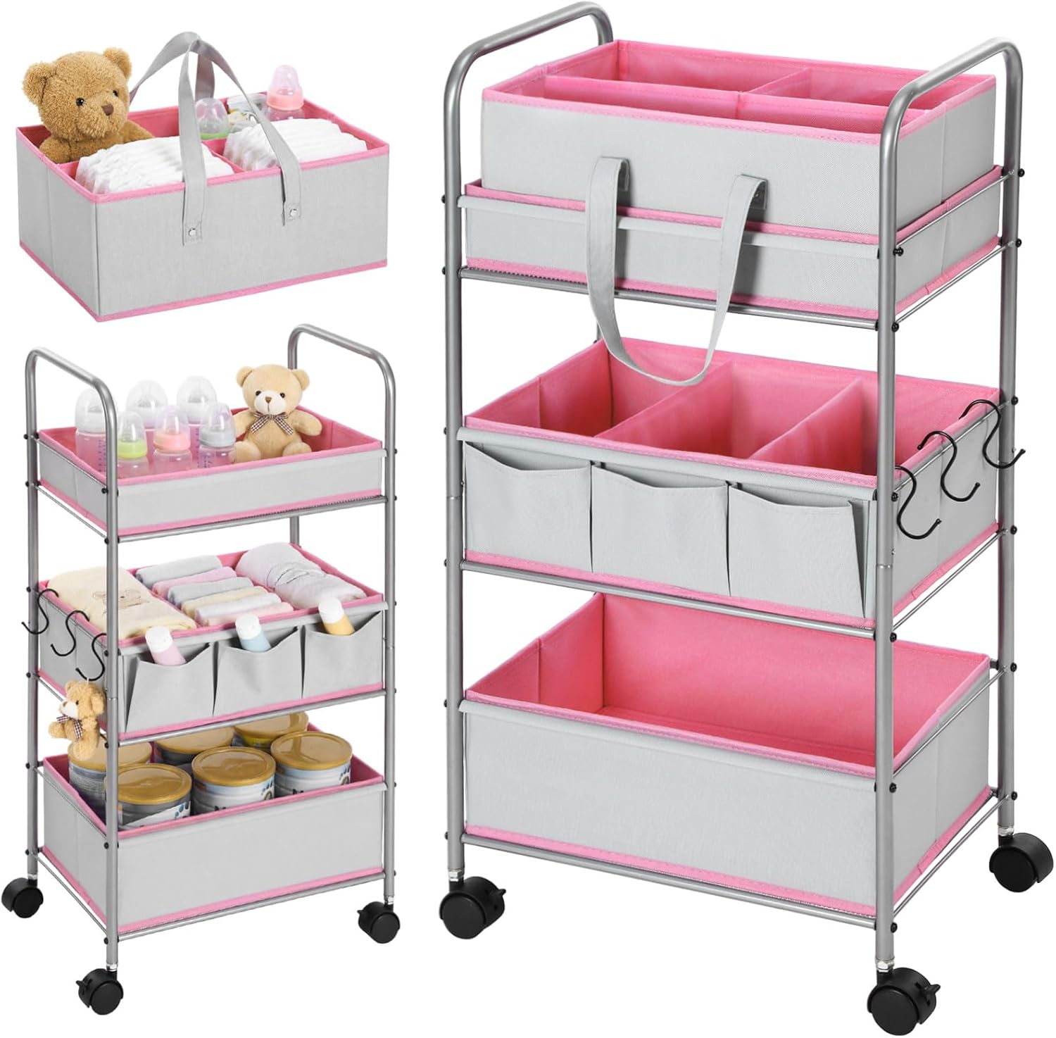2in1 Baby Diaper Caddy Organizer Cart 3 Tier Large Capacity Metal Utility Bedside Rolling Cart with Divider Newborn Registry Nursery Essential Must Have Bedroom Gift Baby Shower(Pink)