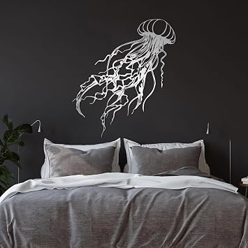 Jellyfish Metal Wall Art, Jellyfish Wall Decor, Metal Sealife Wall Mount, Marine Signs, Large Room Decorations, Minimalist Home Art, Kids Bedroom Decor Silver, 24"x12"/60x31cm
