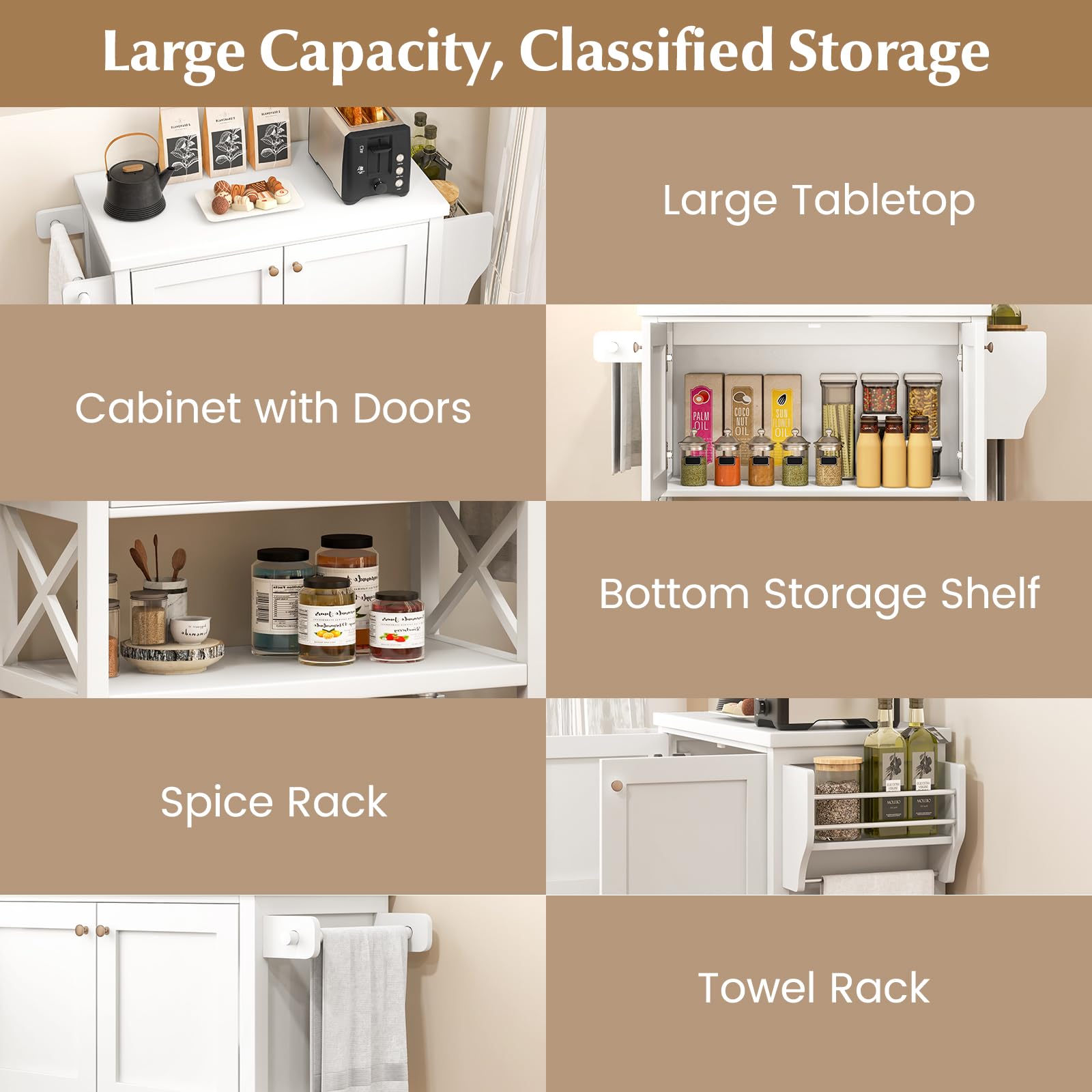 GYMAX Carrello da Cucina con Ruote, Isola da Cucina a 3 Ripiani con Armadietto a 2 Porte, Portaspezie e Portasciugamani, Credenza Portavivande in Legno per Cucina, Bar, 100 x 38 x 87 cm, Bianco