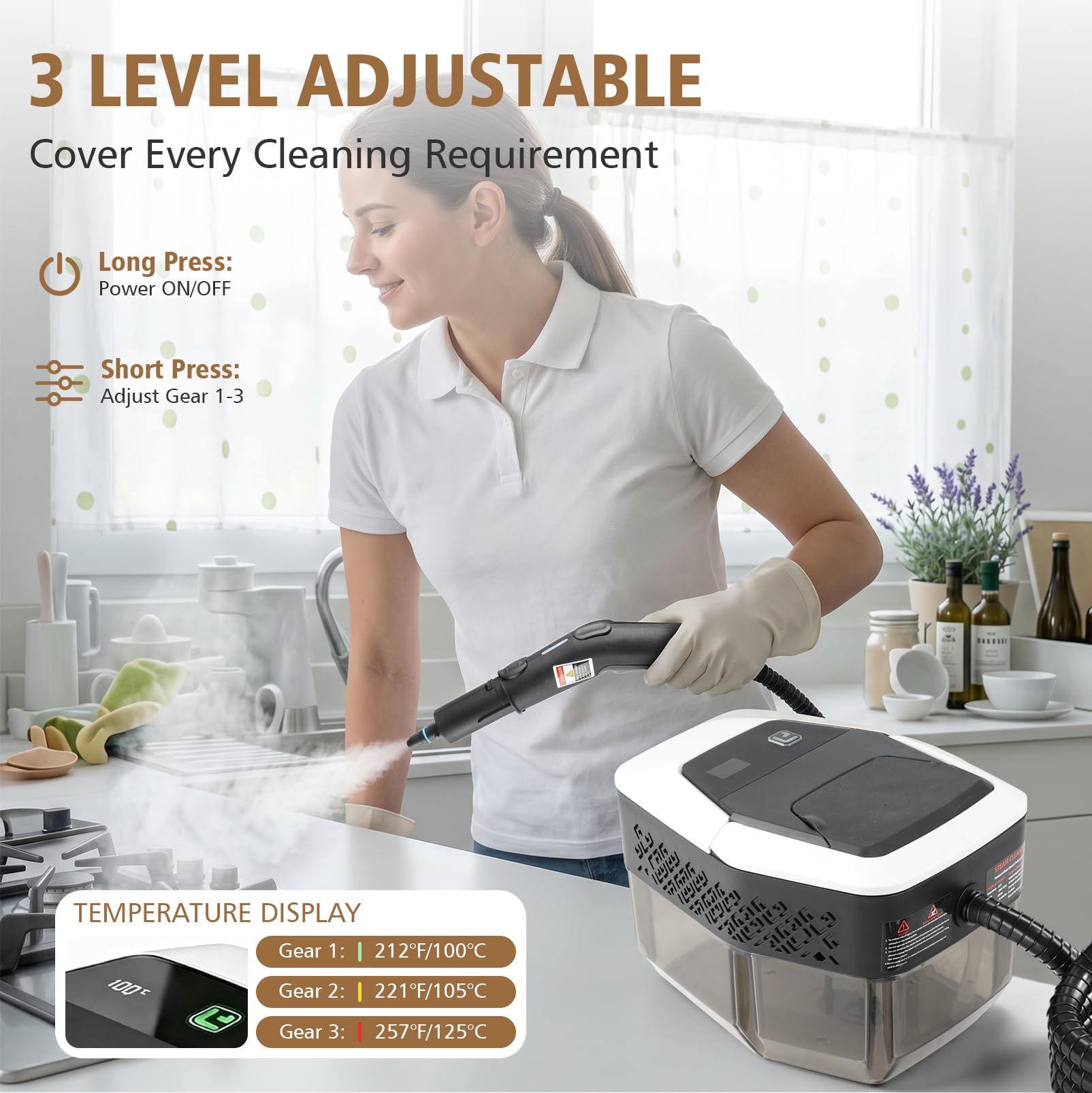 Limpiador de Vapor 2500 W, 4 Bar, limpiador de vapor de alta presión | dispositivo de mano con kit de limpieza de suelos, depósito de agua de 1,8 L, Calentar durante 15S
