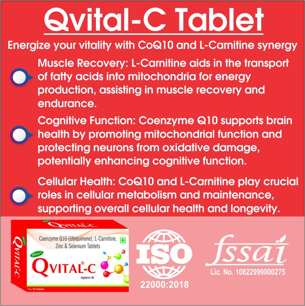 Shrey's Qvital-C, Coenzyme Q10, L-Carnitine, Zinc, Selenium - 60 Tablets  (Heart Health & Energy Metabolism) - Pack of 2: Buy Online at Best Price in  UAE - Amazon.ae