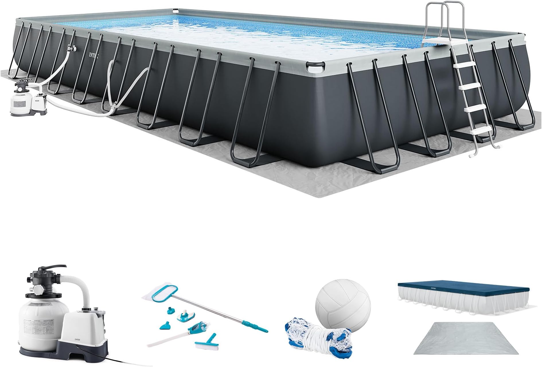 INTEX Ultra XTR 32 ft x 16 ft 52 in Above Ground Pool Set, Rectangular Swimming Pool with Sand Pump, Saltwater System, Maintenance Kit, & Volleyball Game