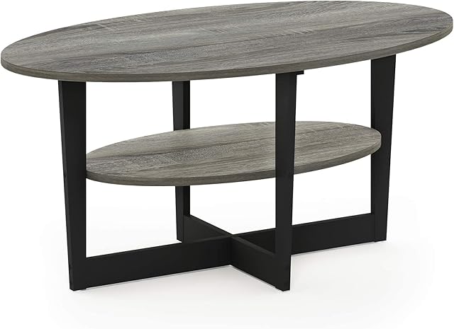 FURINNO Oval Coffee Table, Engineered Wood, French Oak/Black, 1-Pack
