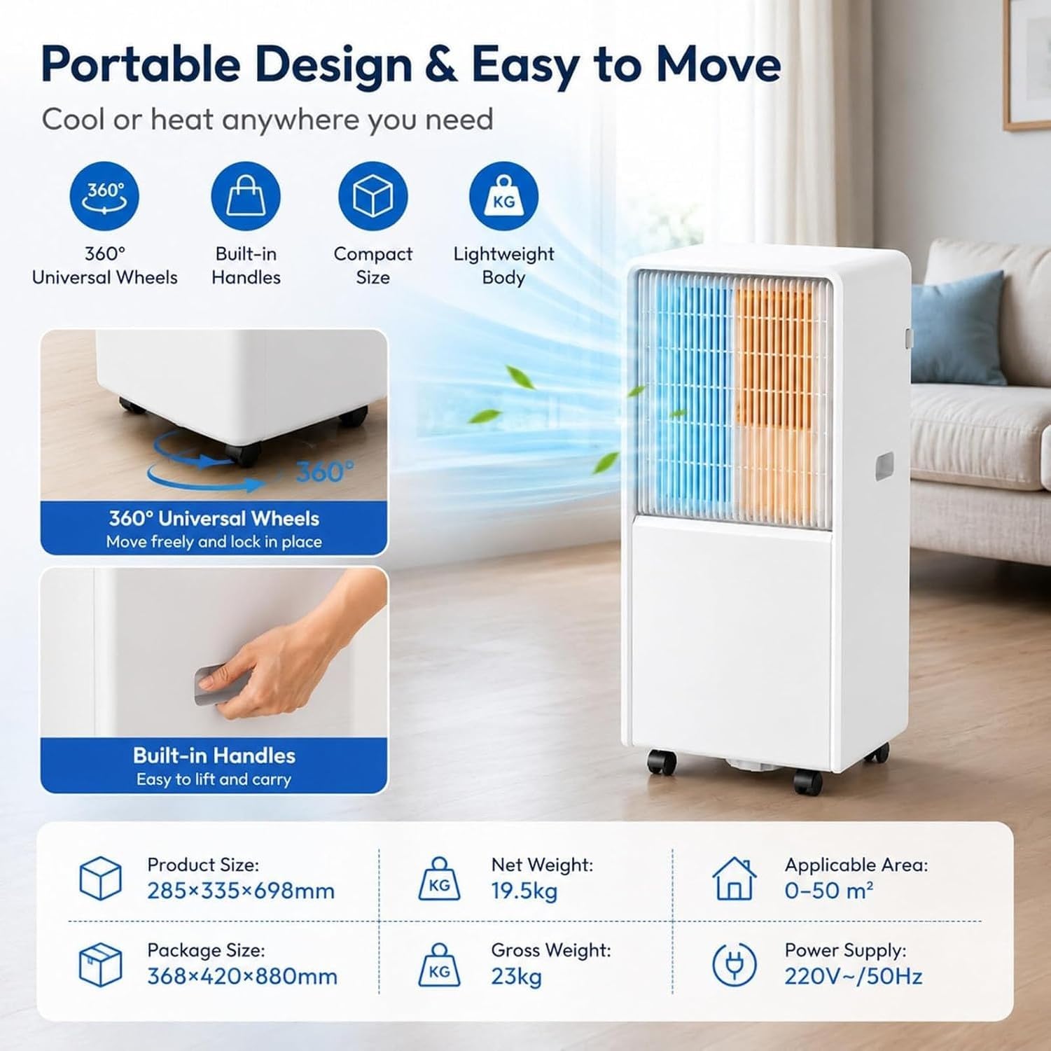 Przenośny klimatyzator 14000 BTU 4w1 z pilotem, tryb 4 tryby + timer 24h, zestaw z rurą wydechową, cichy do sypialni