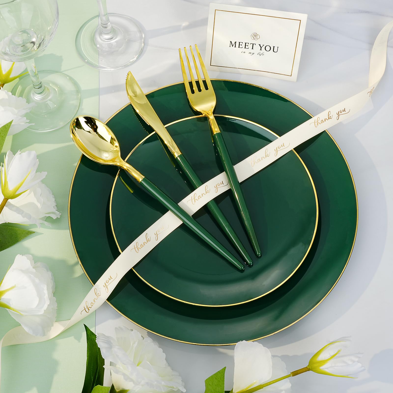 Green Gold Disposable Plates - 350 Piece Set -3
