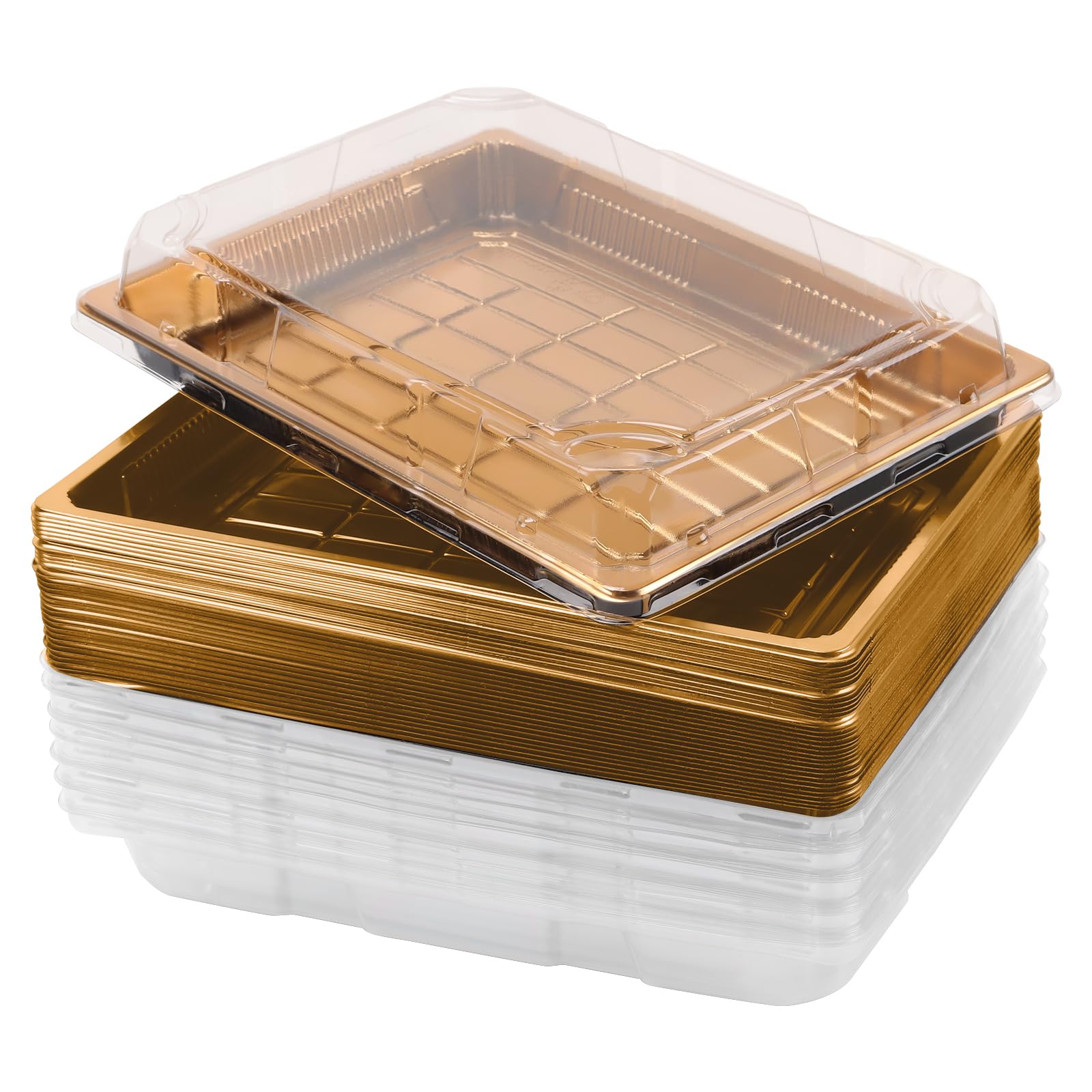 PINGEUI 30 Pack Gold Sandwich Trays with Lids, Reusable Plastic Catering Trays Buffet Trays with Lids for Meal Prep, Cakes, Treats and Sandwichesse, 26x19x5cm