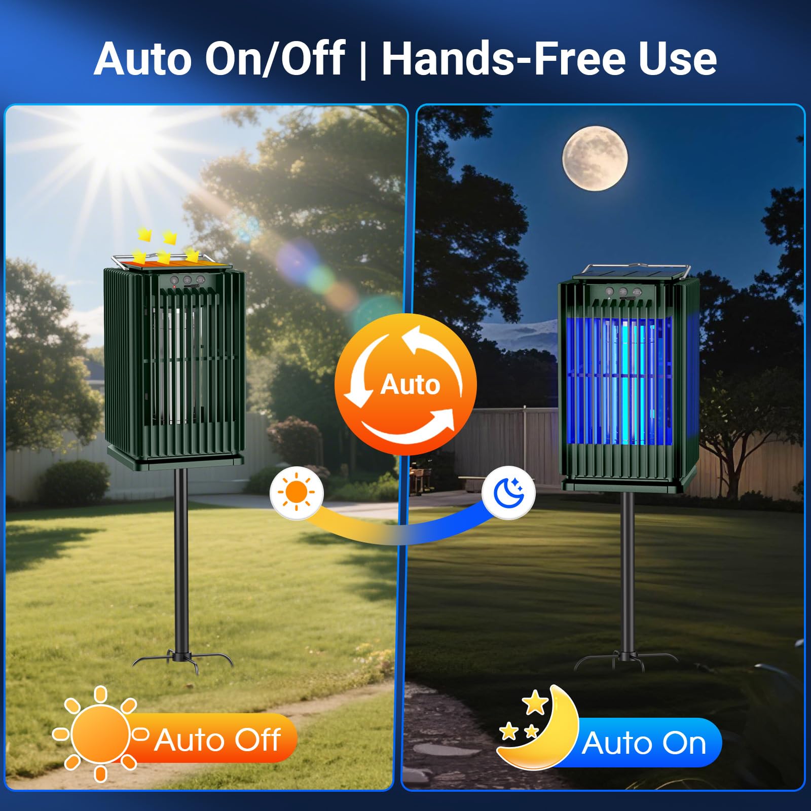 Matamoscas solar para exteriores, impermeable, matamosquitos solar para exteriores con soporte de tierra, exterminador de moscas inalámbrico con luz iluminada, matamosquitos recargable de 5000 mAh