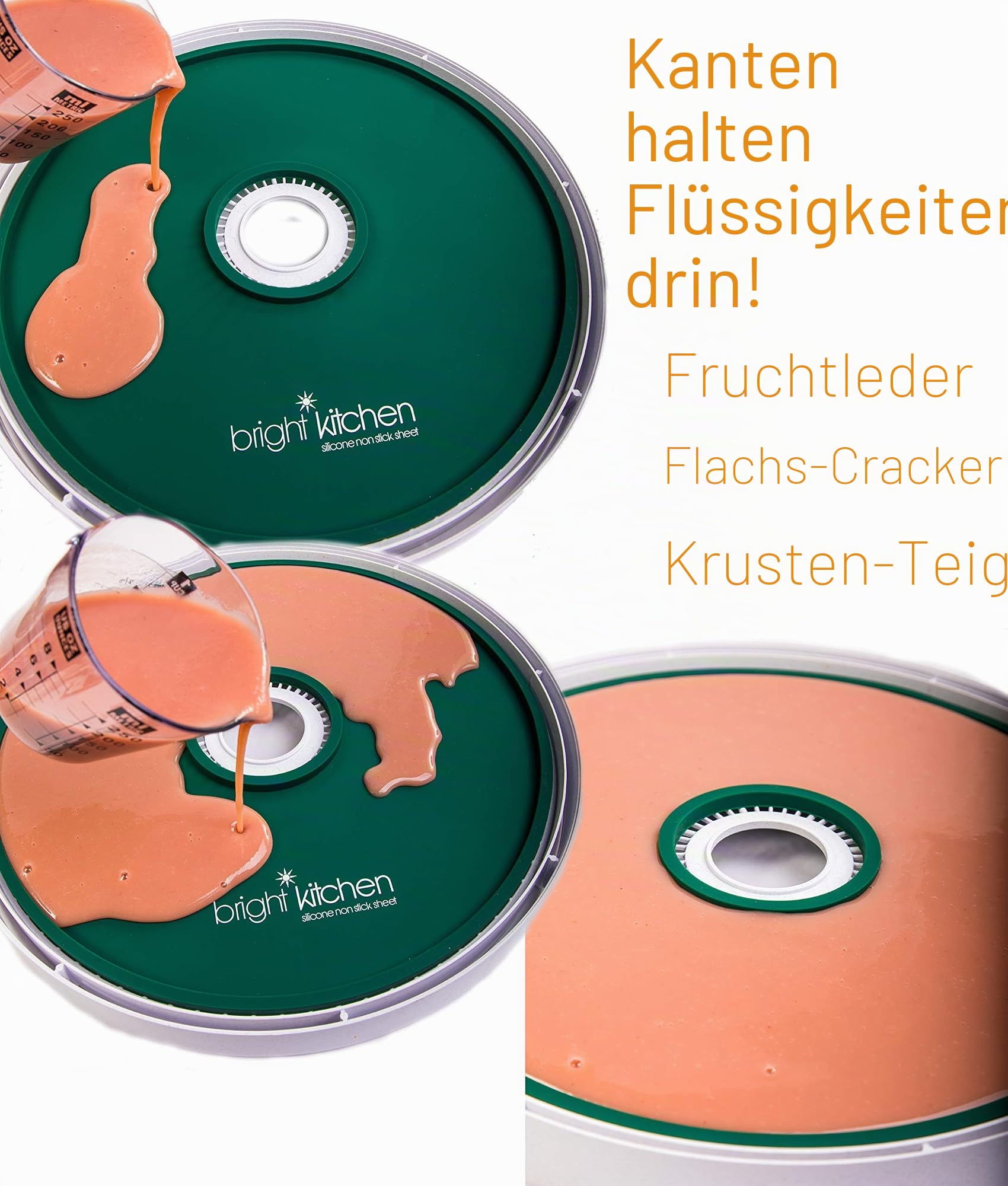 Bright Kitchen 4 Fruchtleder Silikon Dehydrator Blätter mit Kanten - ungiftig für Nesco runde Dehydratoren Lippenform halten Teig Flüssigkeiten Obst Frucht Leder Kreis Wiederverwendbar Antihaft