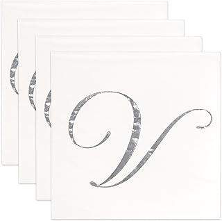 Gift Boutique 100 Silver Monogram Cocktail Napkins, Letter V, Disposable Paper with Metallic Silver Foil, Elegant for Weddings, Parties, Showers & Events