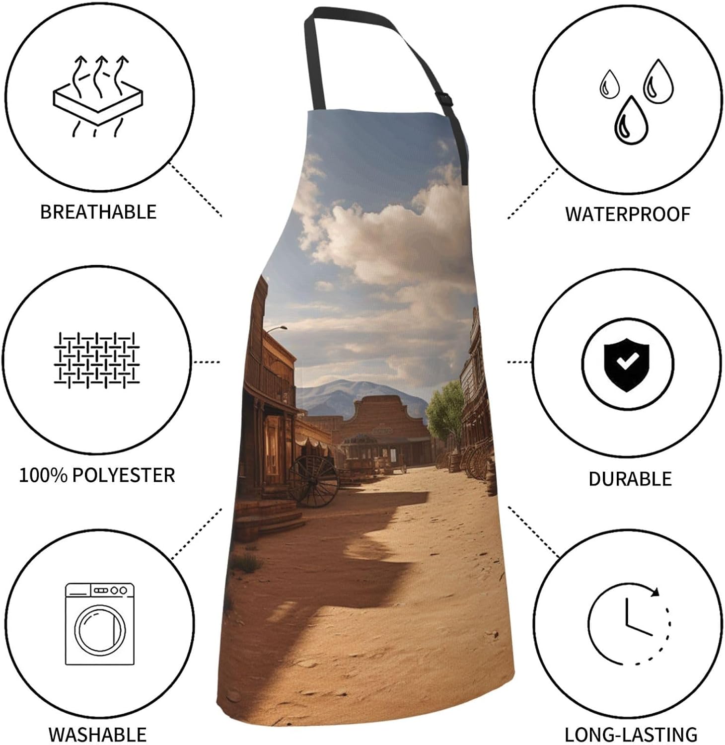Old Wild West Cowboy Town Cooking Aprons for Women Men Waterproof Bib Apron with Pockets Adjustable Kitchen Chef Apron