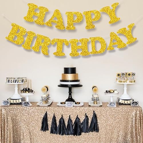 Miniatura 4 de Cartel dorado de feliz cumpleaños, sin bricolaje, pancarta de fiesta de cumpleaños con purpurina dorada, pre-encordada, guirnalda de cumpleaños
