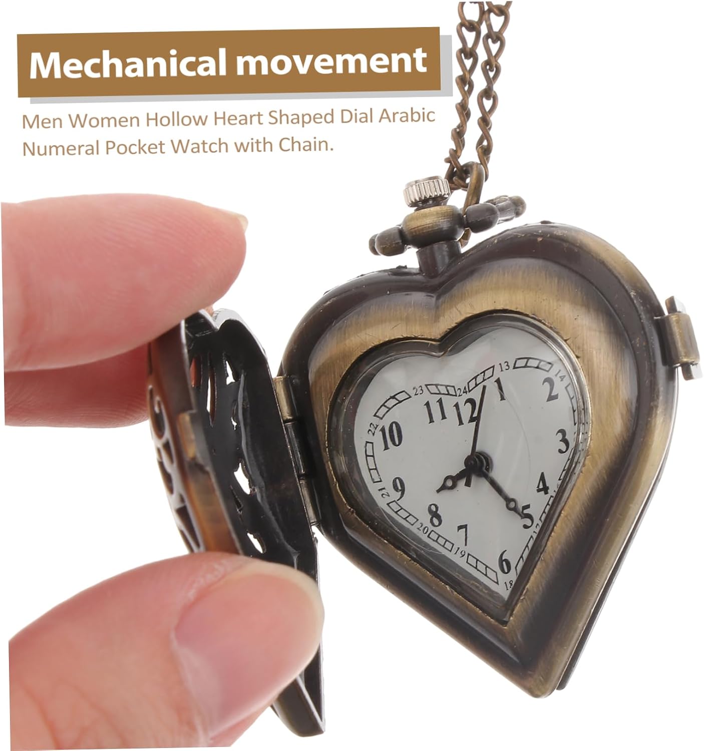 BESPORTBLE Vintage Hollow Heart Pocket Watch with Chain for Men Women Bronze Mechanical Movement Hard Metal Removable Chain Classic Retro Style Timepiece