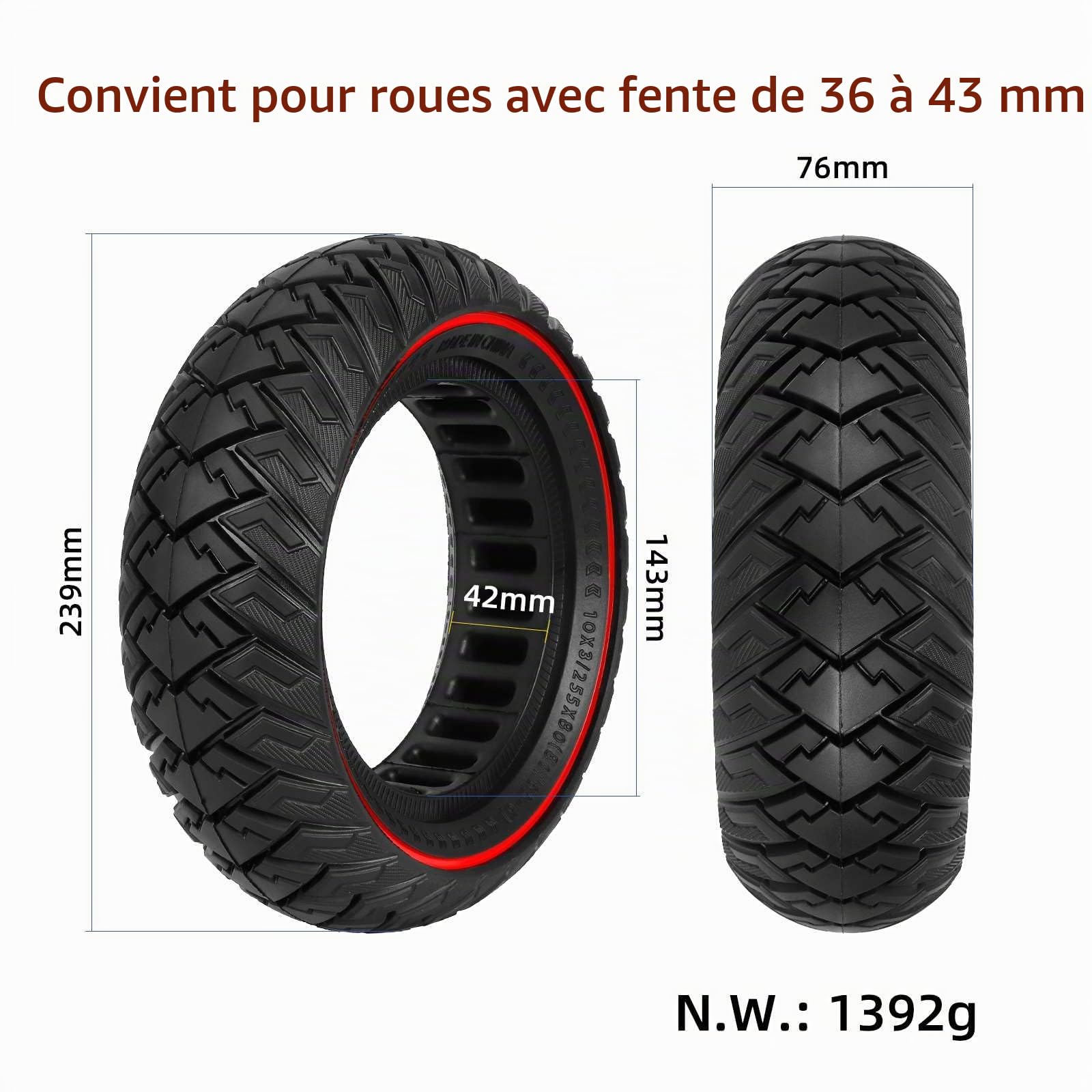 Pneu tout-terrain plein 10 x 3/255 x 80 (80/65-6) pour trottinette électrique Dualtron Zero 10X/Kaabo Wolf Warrior/Kaabo Mantis 10, pneu nid d'abeille sans air 10 pouces, antidérapant.