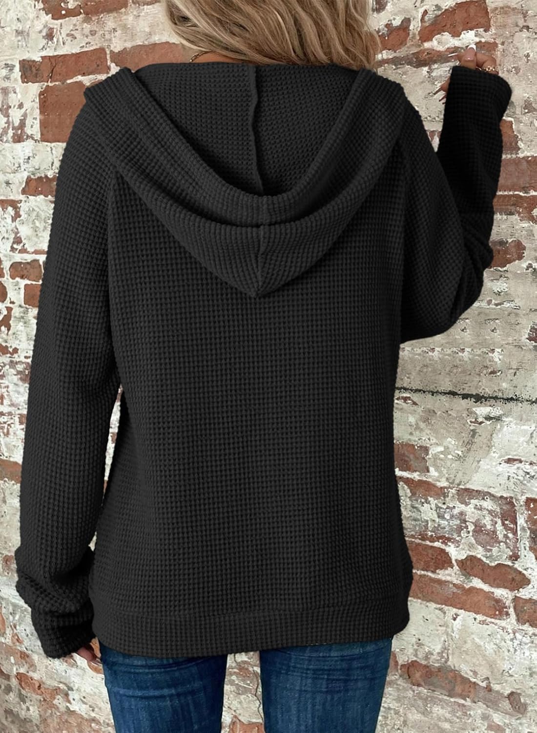 Dokotoo Women's Full Zip Up Hoodies Waffle Knit Long Sleeve Drawstring Casual Sweatshirt Hooded Tops - Image 2