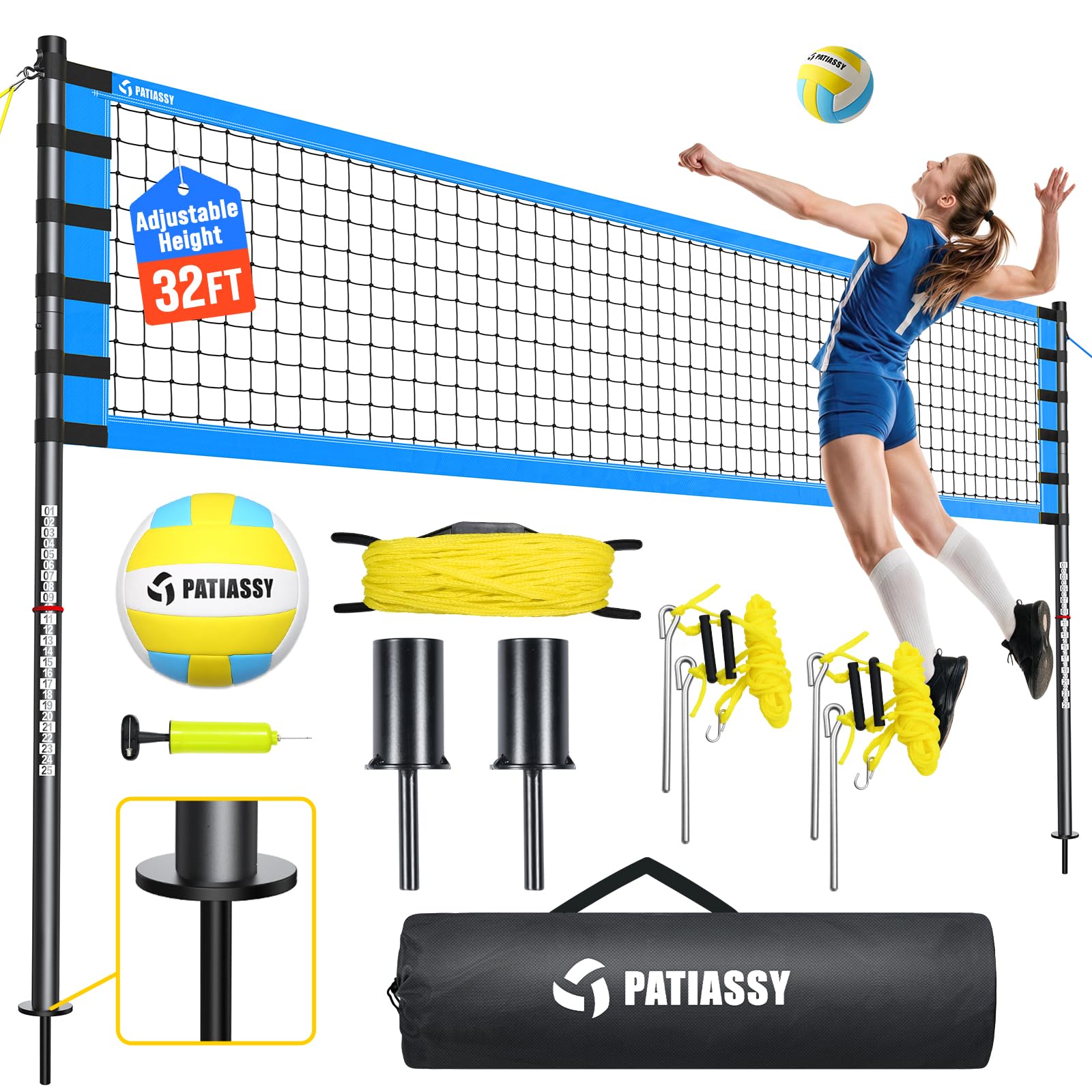 Outdoor Volleyball Net for Backyard, 32FT Anti-Sag Net with Steel Poles