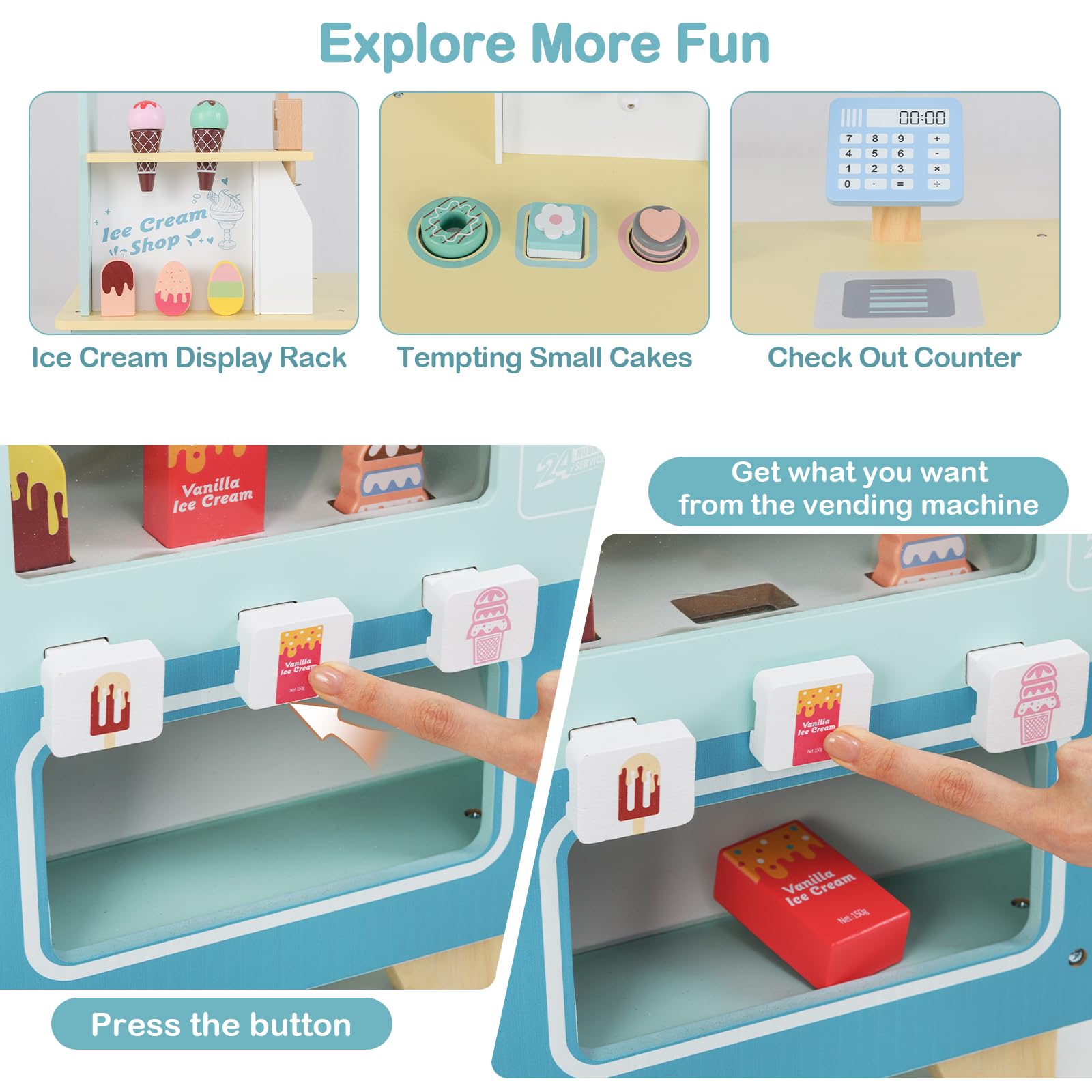 HOMASIS Carrello Gelati Bambini in Legno con 15 Accessori, 6 Gelati Giocattolo, Gelatiera, Distributore Automatico, Cassa e Scanner, Gelateria con Ruote per Bambini dai 3+ Anni (Verde)