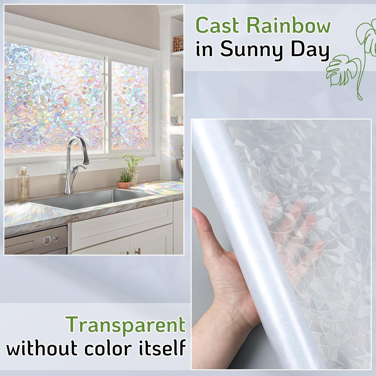 LUTE Window Privacy Film, Rainbow Window Film, 3D Decorative Stained Glass Cling, Non-Adhesive Vinyl Static Cling Removable Glass Stickers, Sun UV Blocking Decal Covering for Home, 23.6 x 78.7 inches