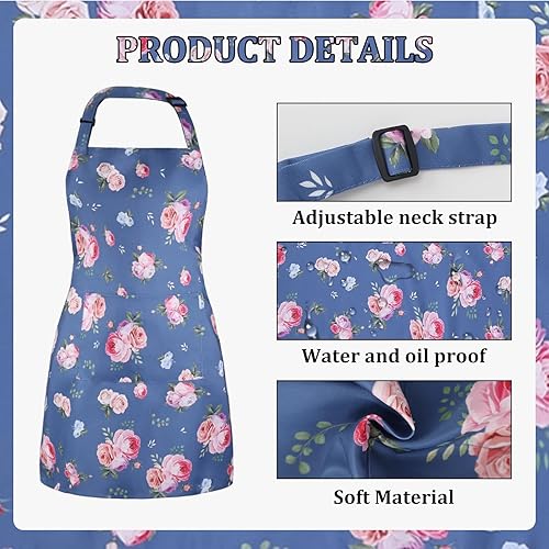 Miniatura 3 de Divertido delantal floral para mujer, delantal de cocina ajustable con 2 bolsillos, delantales florales azules, delantales de chef o cocina,