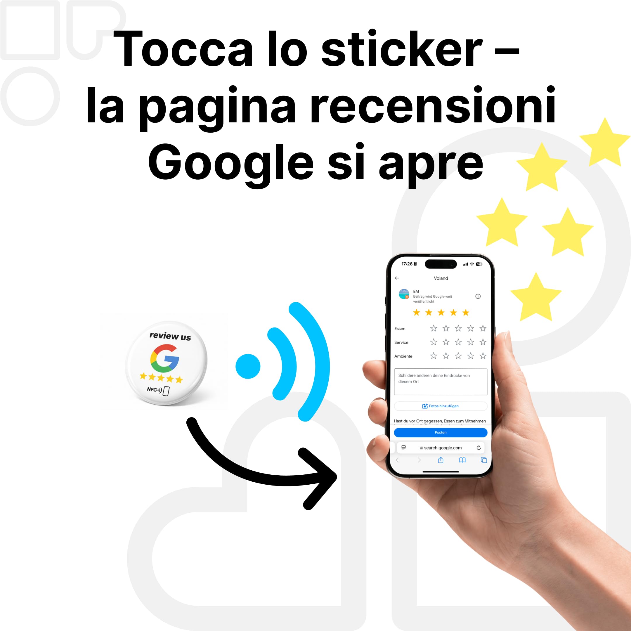 10 adesivi NFC "review us" – tag per Google Reviews – 3 cm, auto-programmabili, forte adesione – riutilizzabili e senza contatto – aumenta le valutazioni in più posizioni