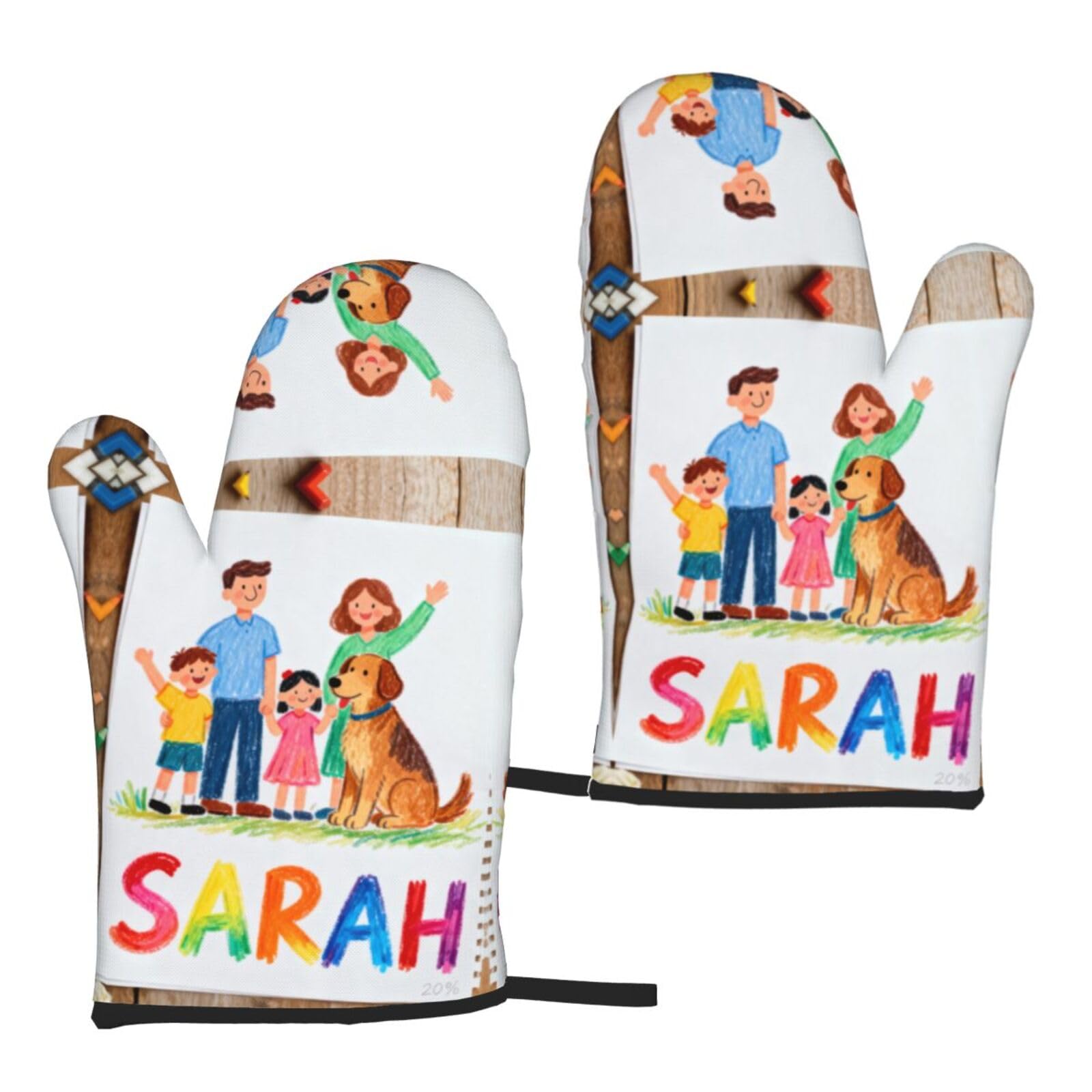 Personalized Oven Mitts with Family Name, Custom Hand-Drawn Crayon Style Family and Pet Illustration Heat Resistant Kitchen Gloves, Heartwarming Housewarming 1 Pair