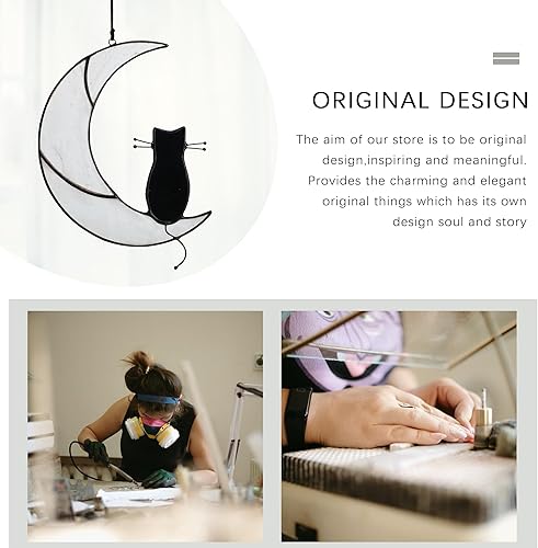 Miniatura 9 de Gato negro de vitrales sentado en luna blanca, colgantes de ventana hechos a mano, paneles de ventanas de vidrio, regalo conmemorativo para los