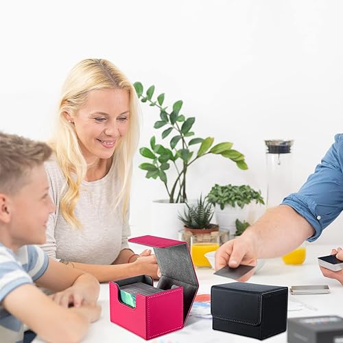 Miniatura 6 de Weewooday 2 cajas de cartas de cuero de gran tamaño para 100 cartas con funda para juego coleccionable, compatible con MTG TCG (horizontal, negro,