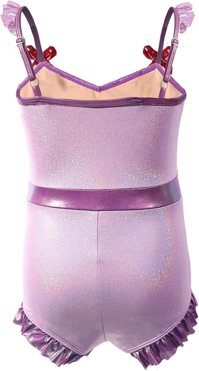Girls Shiny Metallic Gymnastics Leotard with Bow, Dance Unitard for Ballet Stage, 2-12 Years Old