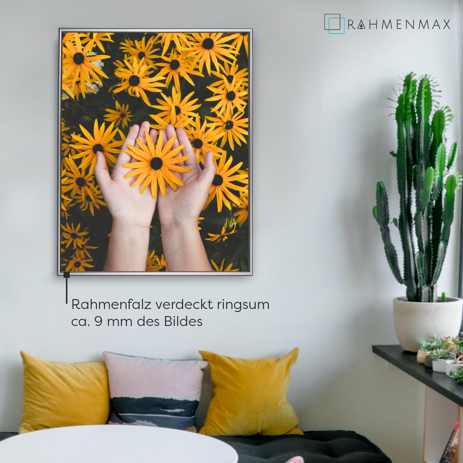 RahmenMax® Ontario Bilderrahmen 69x97 cm zum Aufhängen/Bilderrahmen Maßanfertigung möglich/Posterrahmen aus Aluminium/Bilder Rahmen in Silber Dekor mit Acrylglas/Puzzle Rahmen