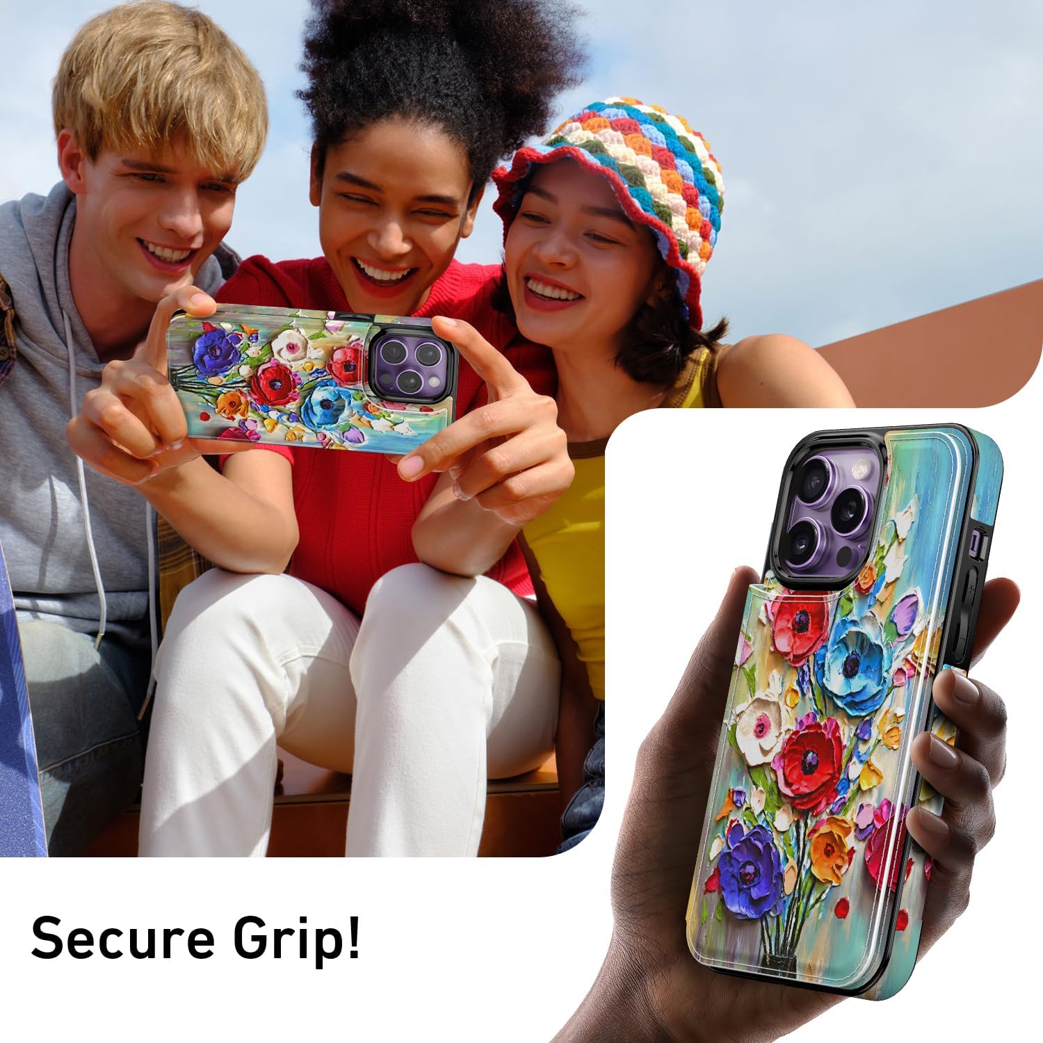 FUNMIKO for iPhone 15 Pro Max Wallet Case with Card Holder, RFID-Blocking, Military-Grade Drop Protection & Floral Animal Design, Magnetic Closure with Leather Kickstand - Abstract Flowers - Image 7