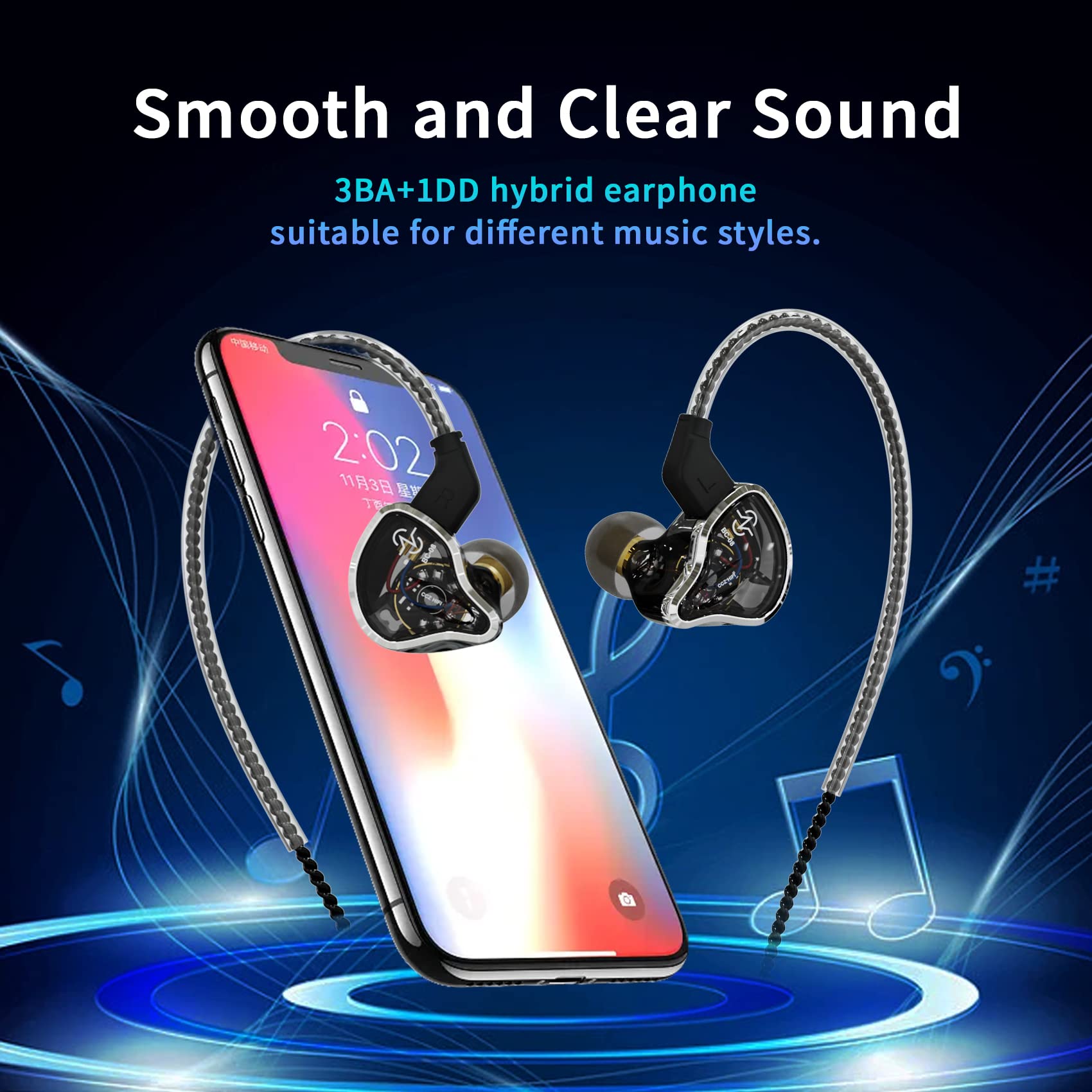 Yinyoo Wired Earbuds CCZ Warrior 3BA + 1DD Hybrid HiFi in Ear Cuffie, HD Calling Cuffie leggere con riduzione del rumore (blu, con microfono)