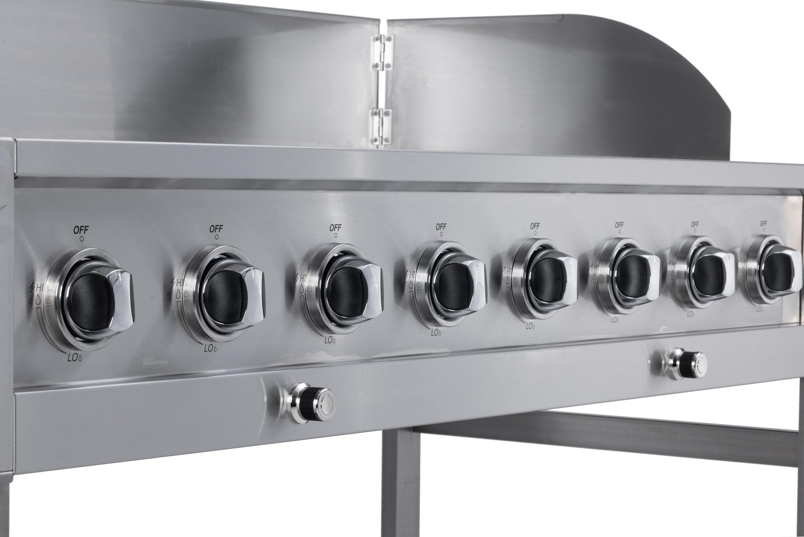 METRO Professional Barbecue à Gaz, Acier Inoxydable, 8 Brûleurs, 32 kW, Puissance 116 000 BTU, 4 Grilles de Cuisson, Roulant, Tables Pliables, Argent