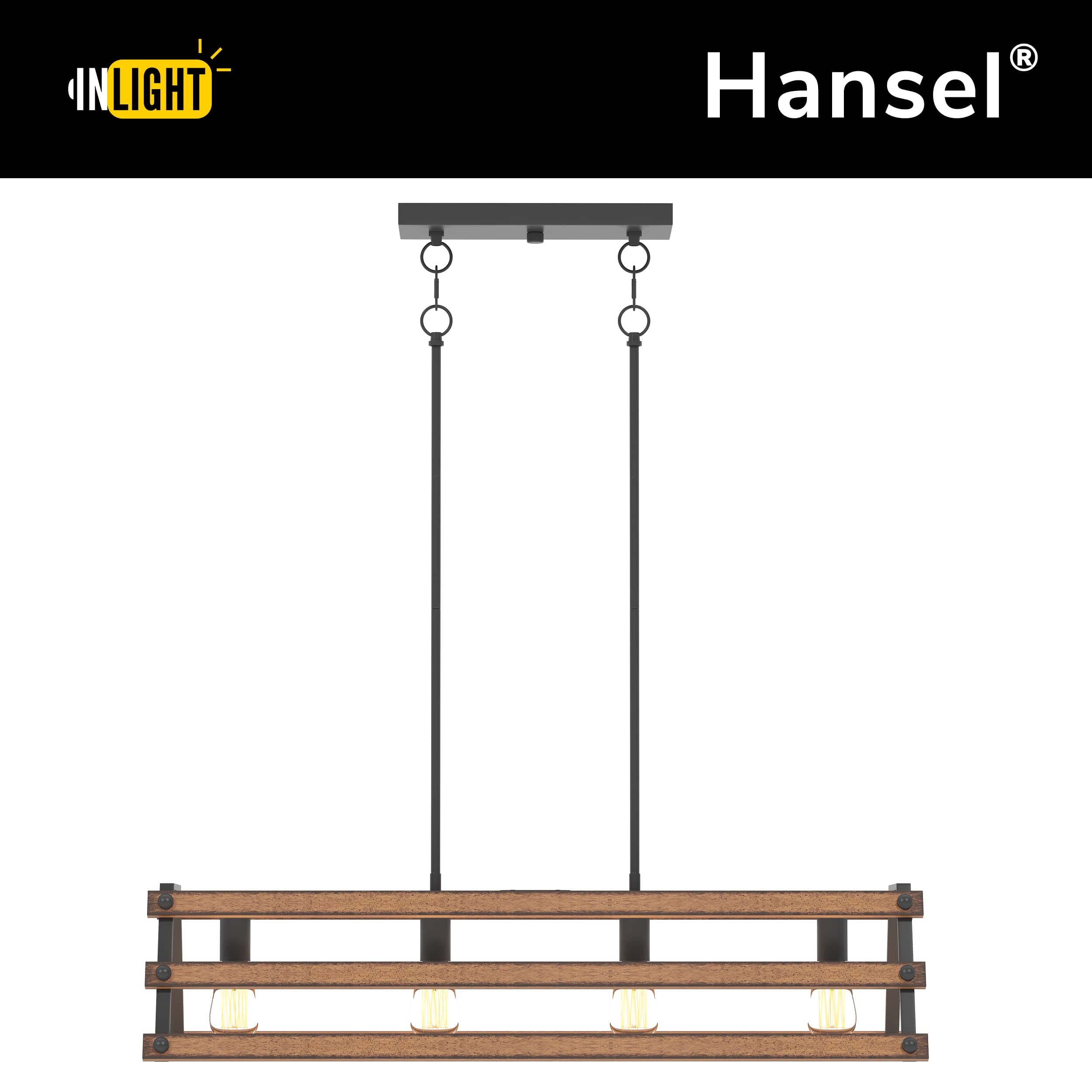 Inlight 34" Farmhouse 4-Light Kitchen Island Pendant – Textured Black & Faux Wood Finish, Rustic Industrial Linear Chandelier, Adjustable Height, ETL Listed