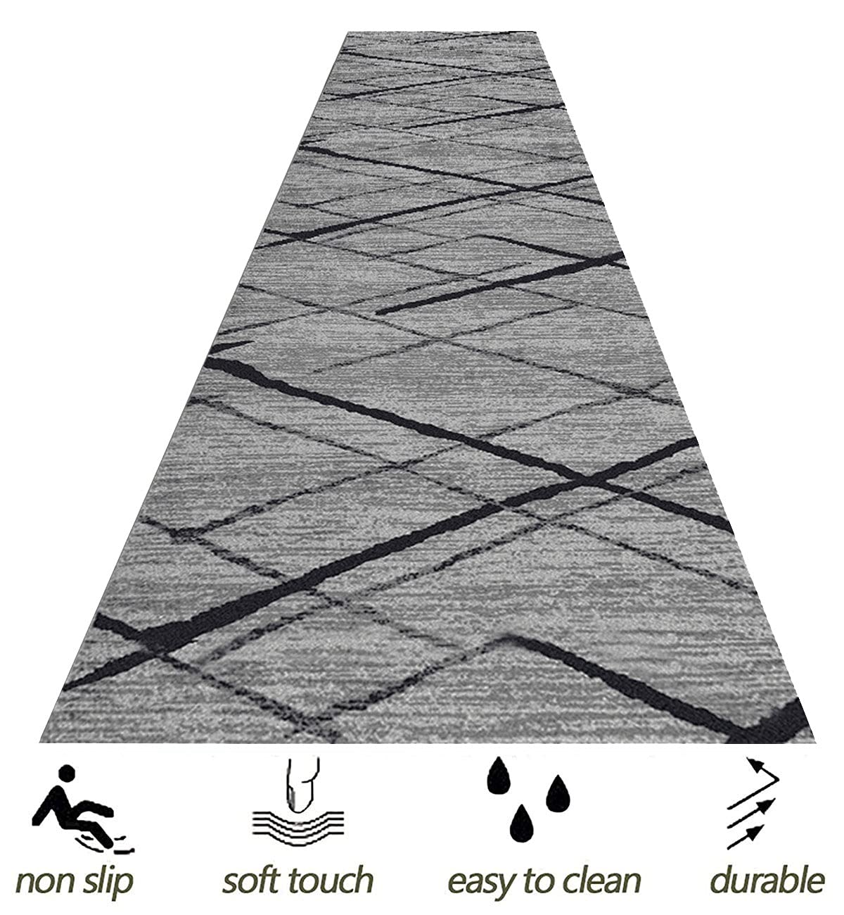 Grauer gewebter Baumwoll-Läufer, für drinnen und draußen, Flur, für Küche, Waschküche, Tür, Schlafzimmer, waschbar, 50 x 450 cm, Schwarz und Grau