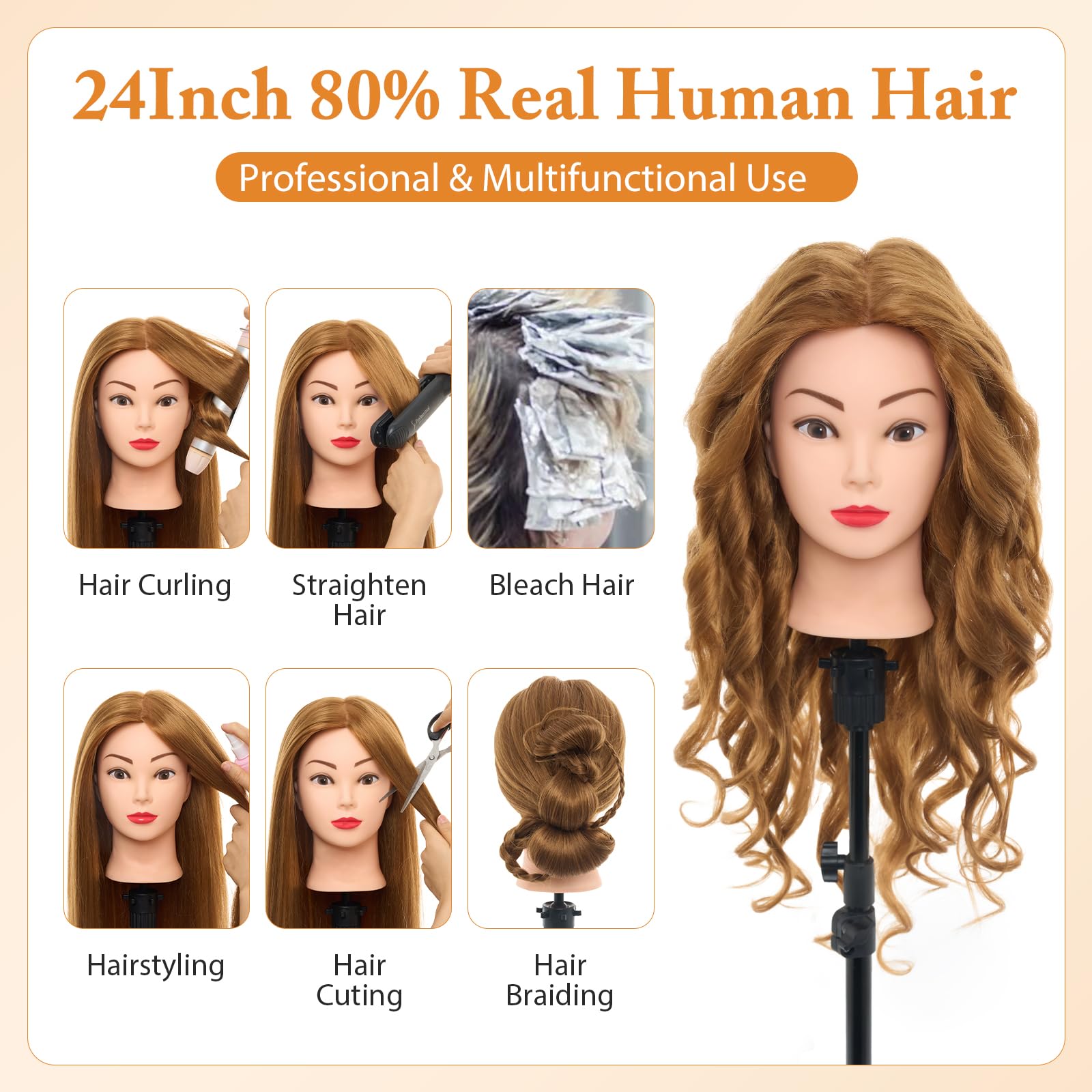 Neverland Frisierkopf 80% Echthaar 24 Zoll Friseurkopf mit Tischhalter und Haar Styling Braid Set