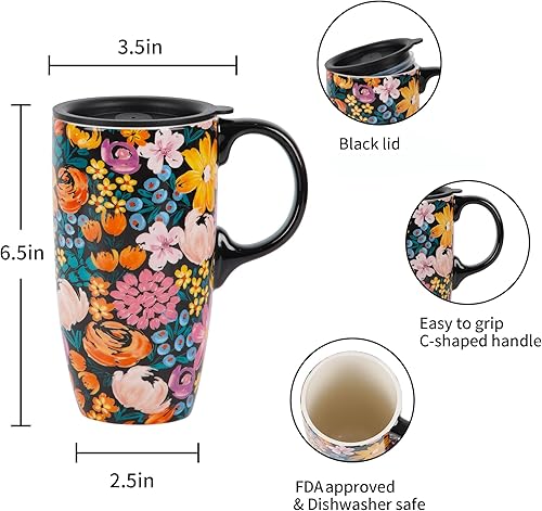 Miniatura 2 de Topadorn Taza de café de cerámica con tapa de 17 onzas, taza de té alta de porcelana con asa para el hogar y la oficina, taza con patrón de arte de