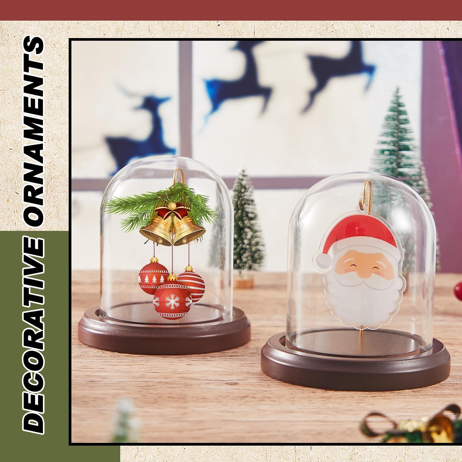 4 Pcs 3" x 4" Watch Ornament Glass Display with Hooks Dome Cloche with Wood Base Decorative Glass Display Dome Showcase for Watch Plants Medals Photos Collectibles Dark MDF Base, Gold Hook