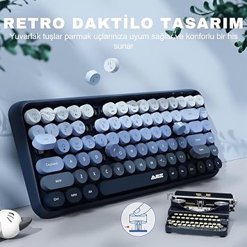 Coverzone Wireless Bluetooth Retro Silent Keyboard – Round Keyboard, Cat Ornament Accessory, 84 Keys, Portable, Smart Sleep Mode, Ergonomic Design, Tablet Phone Compatible, AJAZZ AJ308i Blue