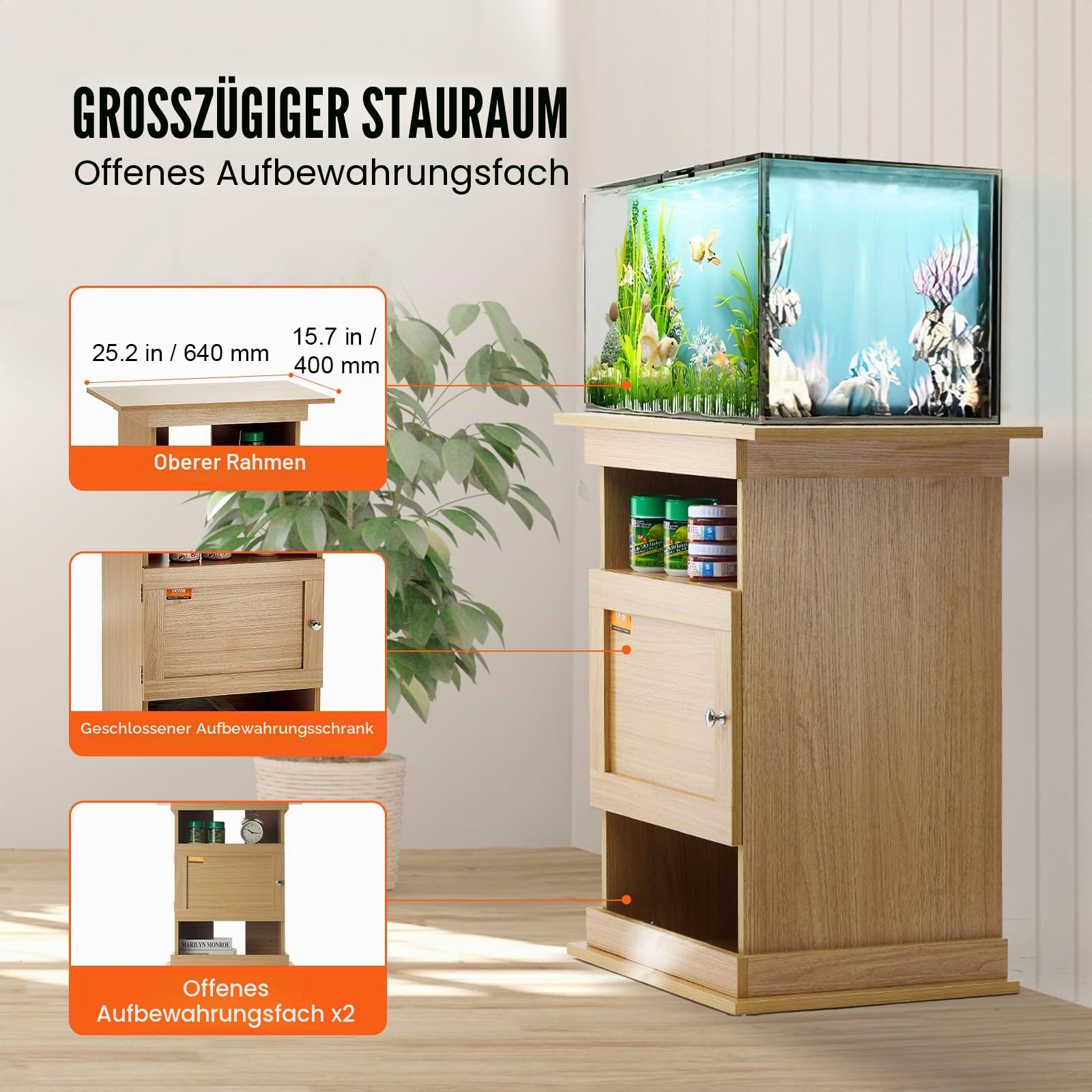 VEVOR Aquariumständer, 20 Gallonen Fischtankständer, 64 x 40 x 72 cm MDF Schildkrötentankständer, 76 kg Tragkraft, Reptilientankständer mit Aufbewahrung, Schrank und Hardware-Kit, Lindenholzfarbe