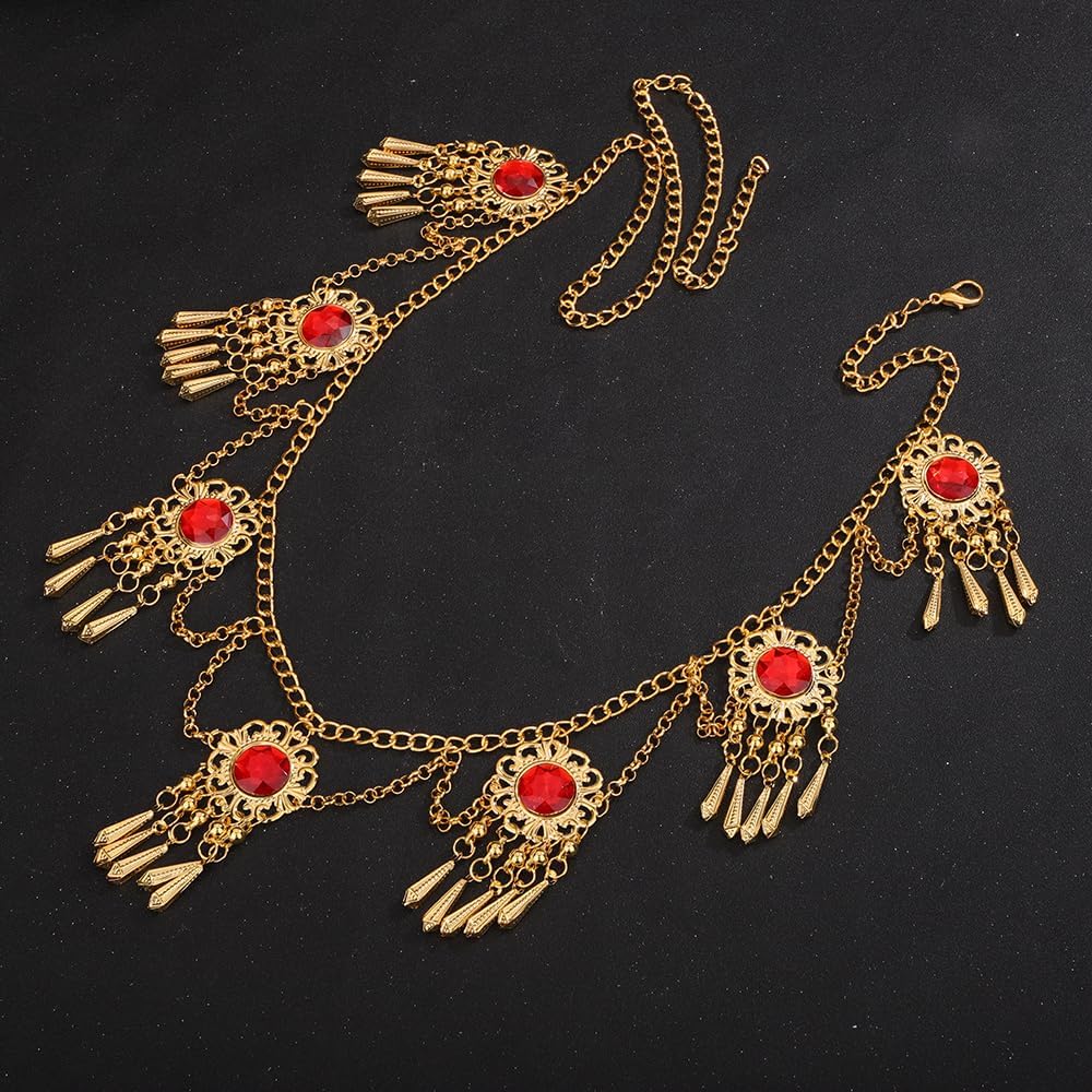 Jumwrit Golden Coin Flower Waist Chain Shiny Red Rhinestone Layered Belly Chain Vintage Hollow Carving Chain Belt Rave Chunky Boho Beach Long Tassel Body Chain Fashion Body Accessories for Women - Image 4