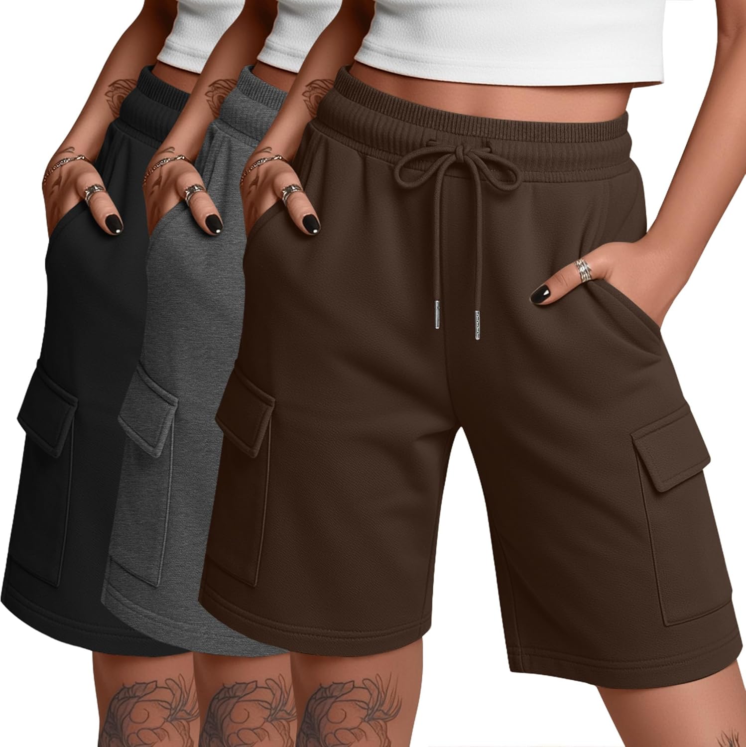 Oakgarden 3 Pack Women's Cargo Bermuda Shorts Ladies Knee Length Athletic Short Summer Casual Hiking Clothing with Pocket