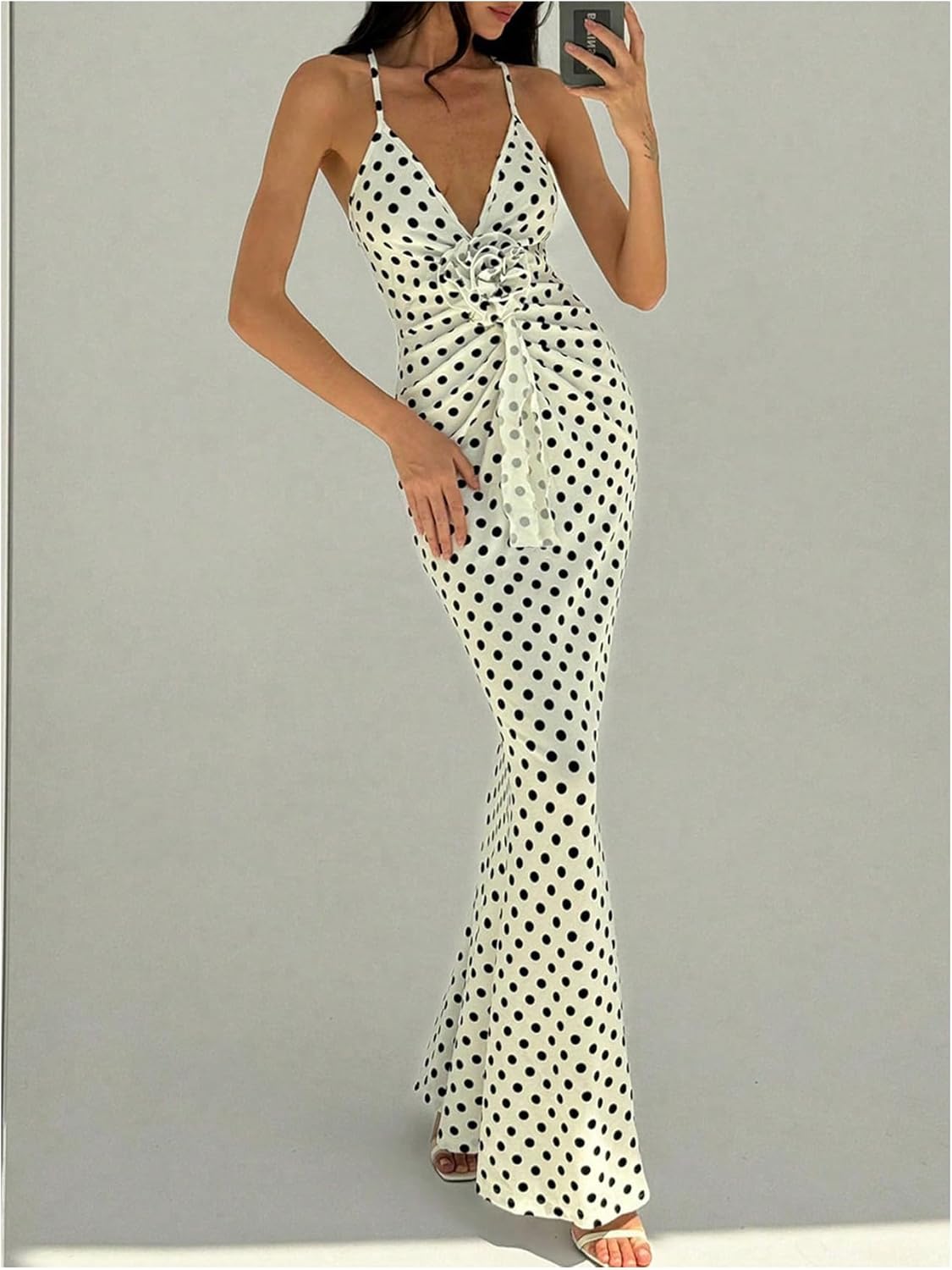 Verdusa Women's 3D Floral Polka Dots Maxi Dress Vintage Criss Cross Fishtail Cami Dresses - Image 5