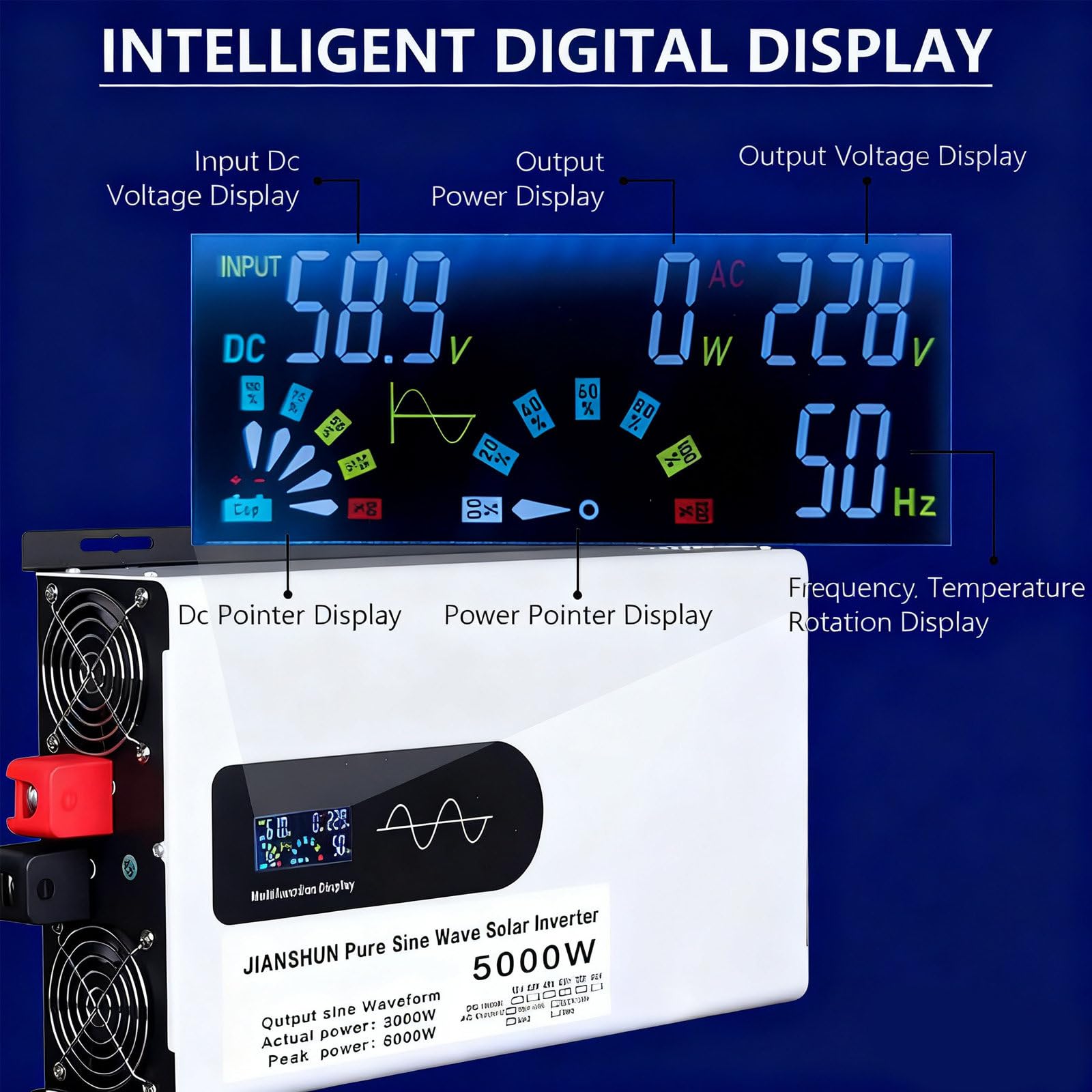 Falownik sinusoidalny 900 W, moc szczytowa 1800 W, w pełni metalowa obudowa z inteligentnym wyświetlaczem HD do kamperów, urządzeń solarnych, urządzeń ogrodowych i domowych 12v