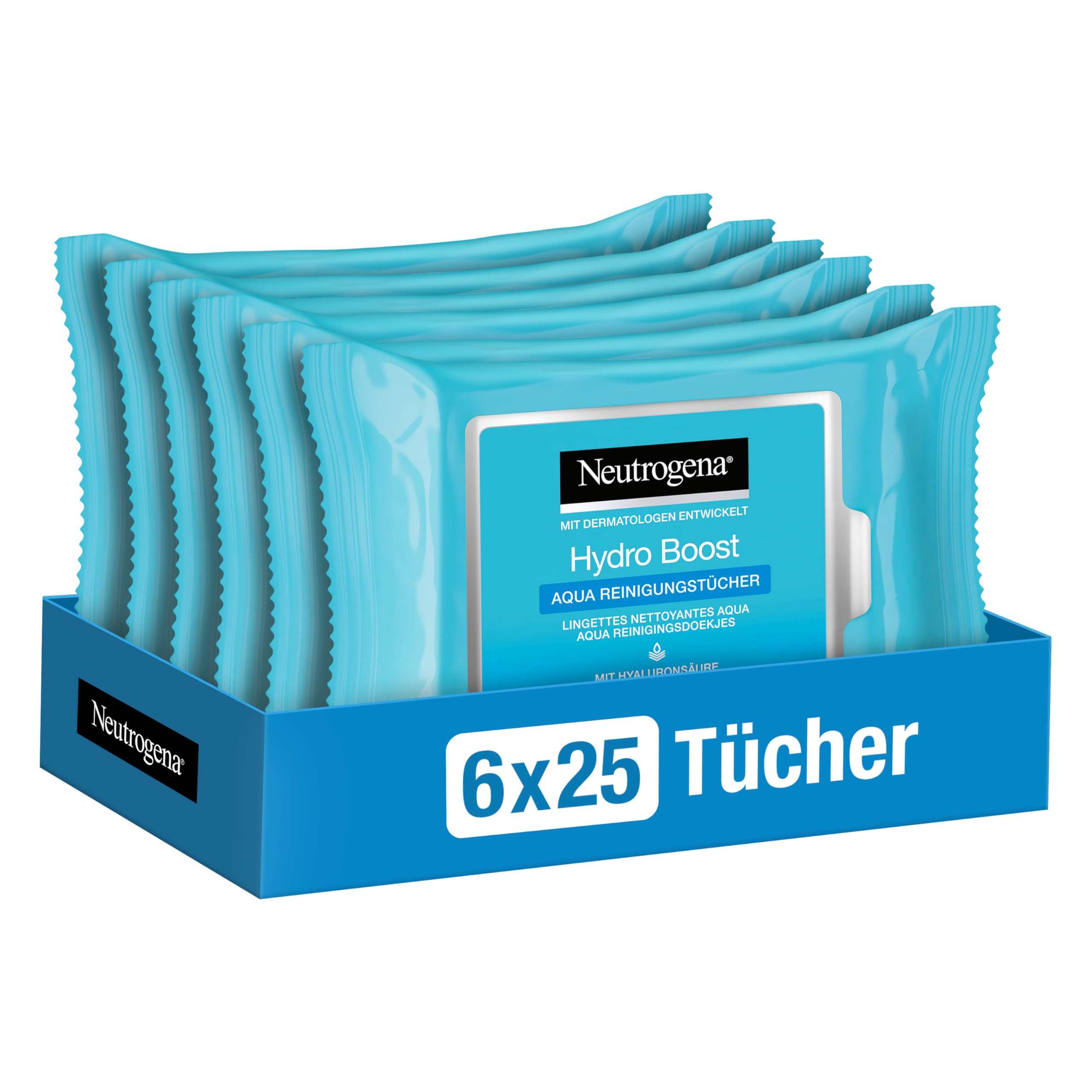 Hydro Boost Aqua Cleansing Wipes/With Neutrogena Cleansing Technology, Hyaluronic Acid and Moisturiser / 25 ml (Pack of 6)